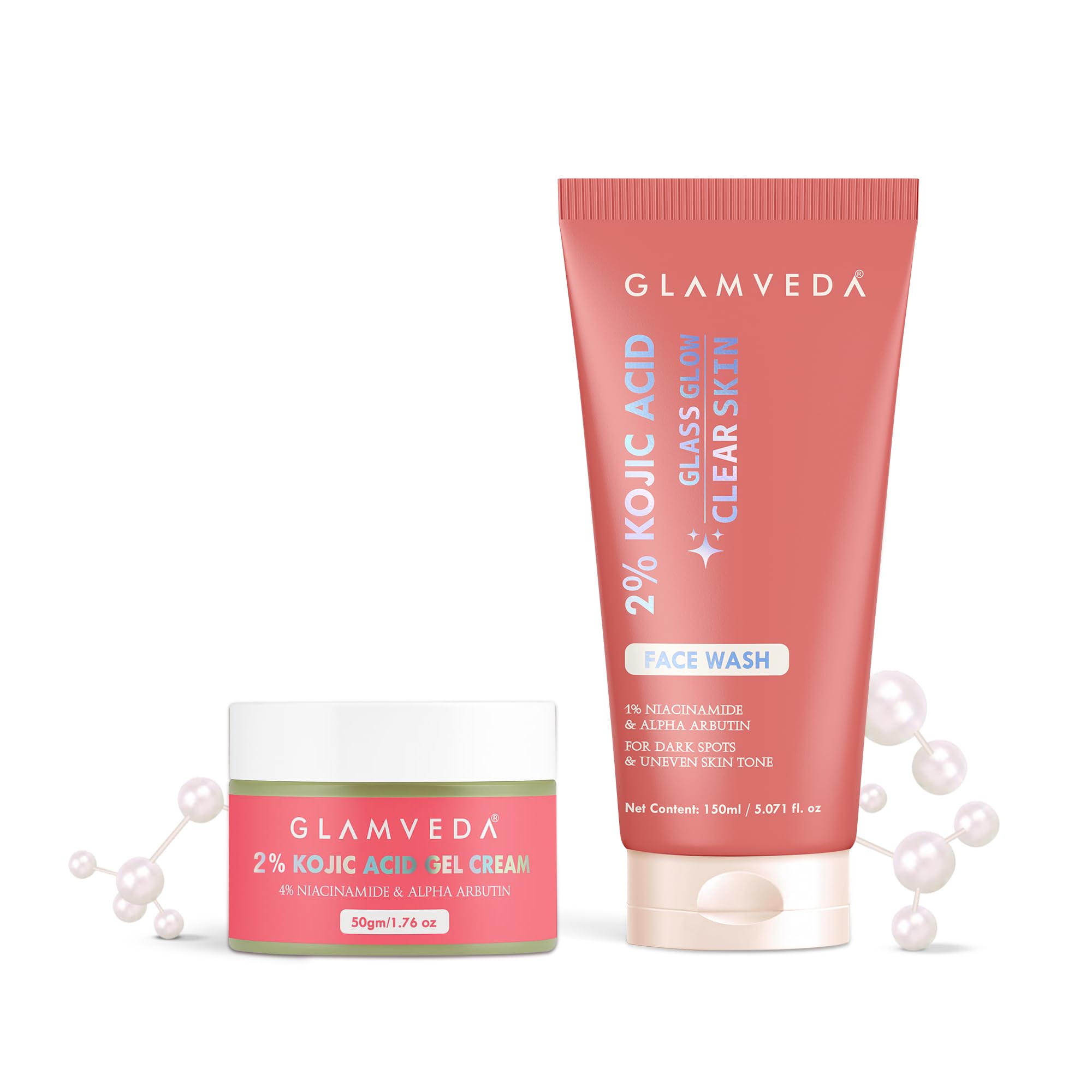 Glamveda 2% Kojic Acid Skin Care Combo | Brightening Facewash & Gel Cream | Remove Fades Dark Spots, Pigmentation & Acne Scars |