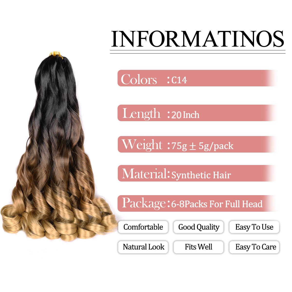 French Curl Braiding Hair,C14 Loose Wavy Braiding Hair Extensions Synthetic 20Inch 75G/Pack French Curly Crochet Hair (C14,5Pack
