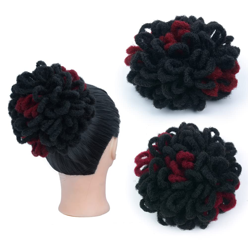 KGBFASS Curly Locs Ponytail Drawstring Buns Loc Petal Bun Dreadlock Ponytail 2 Pcs Braided Faux Locs Buns Clip in on Braids Pony