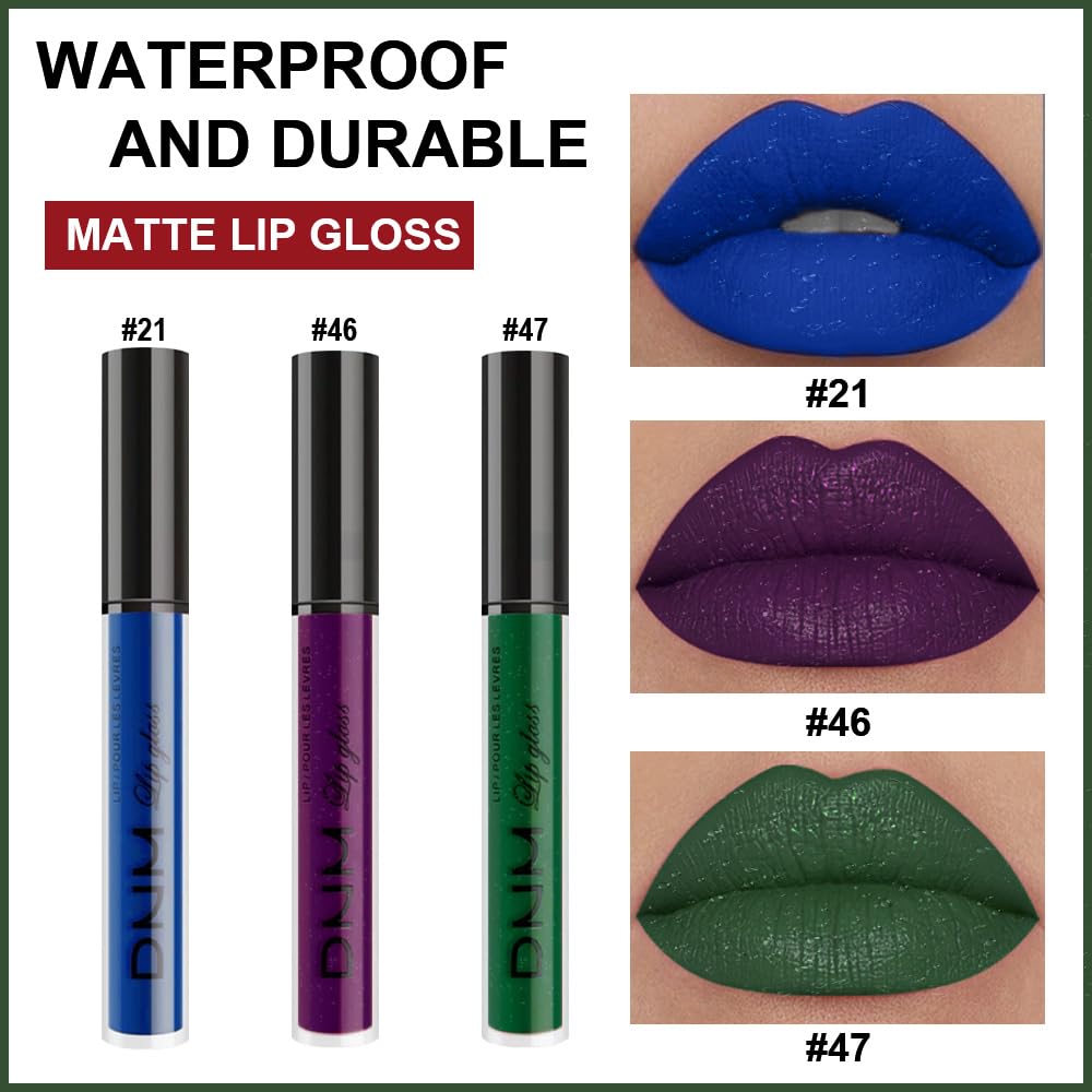 Amy'S Diary Blue Green Dark Purple Matte Plum Liquid Lipstick 3Pcs Sets,24-Hour Lipstick Long Lasting Permanent L Magic Lipstick