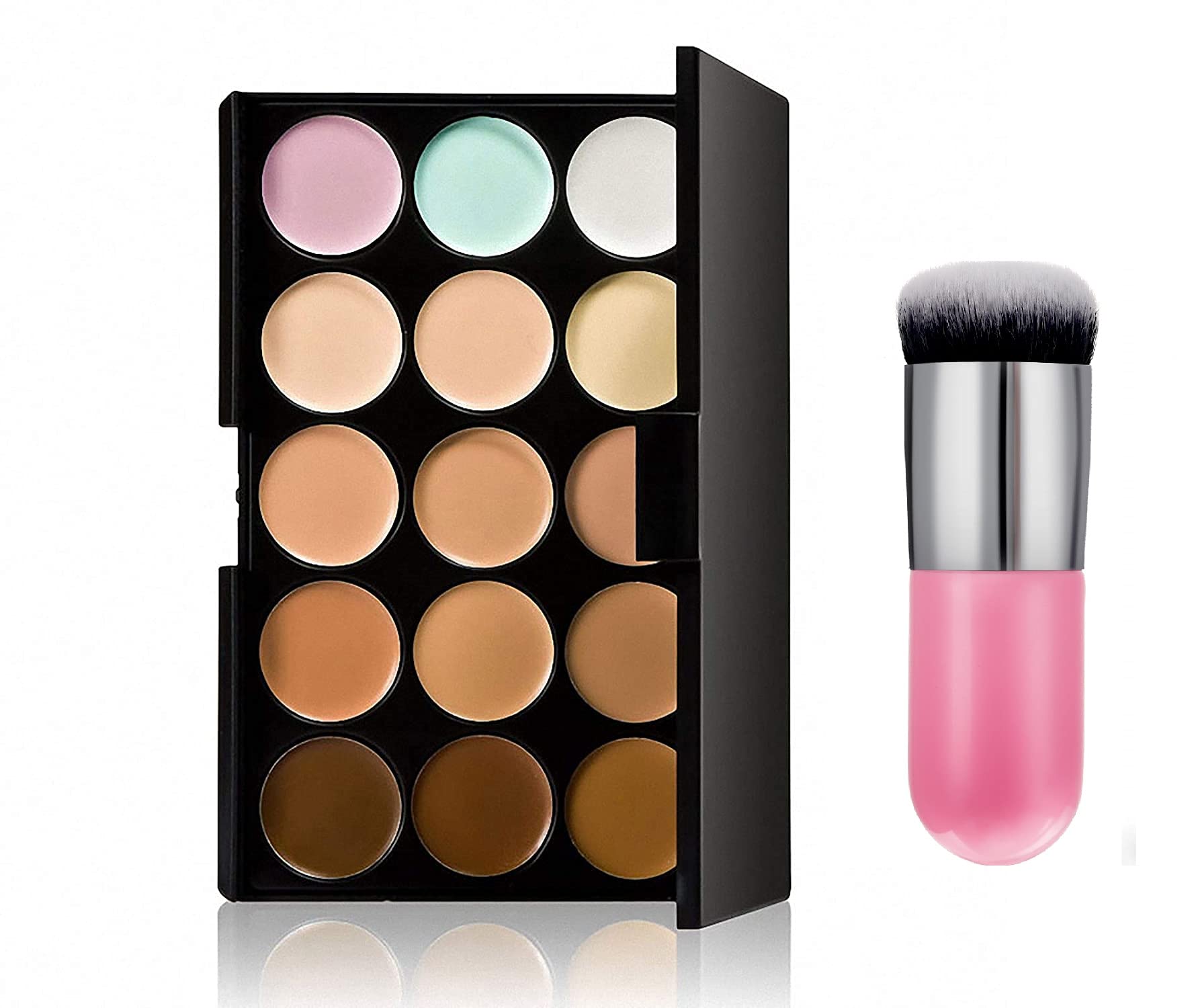 Khelni 15 Color Cream Concealer Palette With Pink Foundation Brush