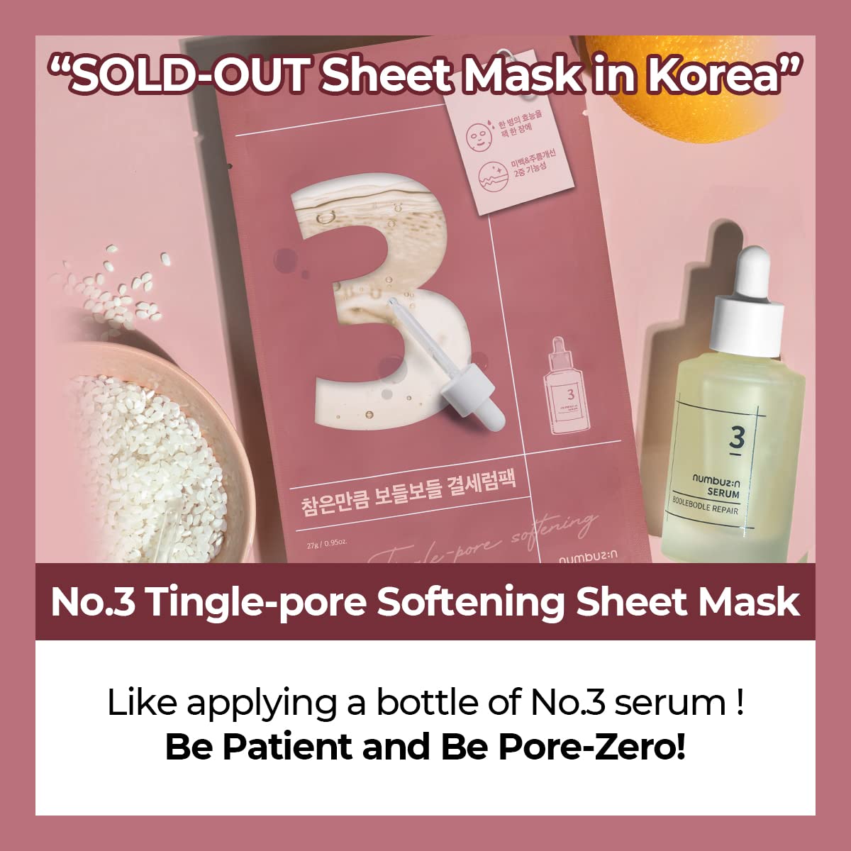 Numbuzin No.3 Tingle-Pore Softening Sheet Mask | Pore Minimizing, Skin Softening Face Mask With Bifida, Tingle Pore Complex | Hy