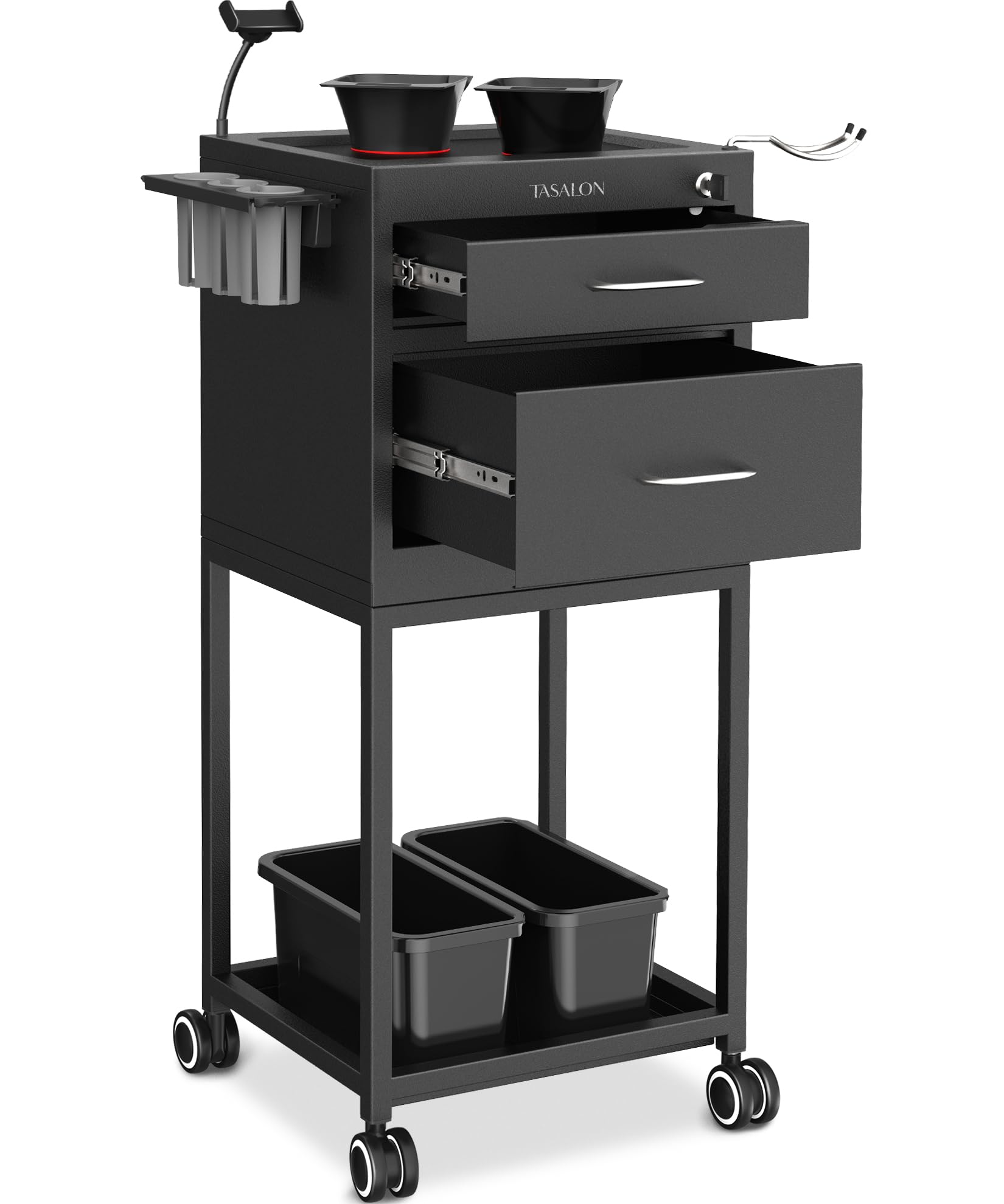 Tasalon New Upgrade Salon Metal Trolley Cart For Salon Station - Space Saving Salon Rolling Cart With 2 Magnetic Bowls- Beauty C