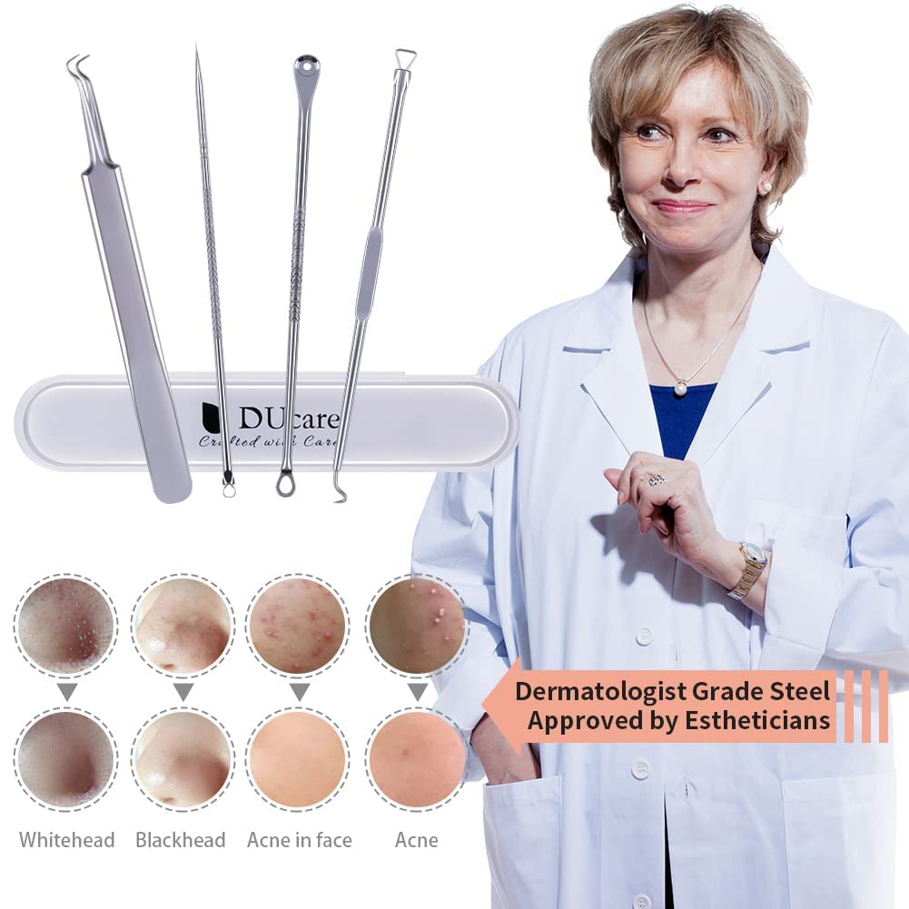DUcare Backhead Remover 4pcs Professional Spot Pimple Popper Tool Kit Comedone Extractor Tweezers for Remove Zit Acne with Case