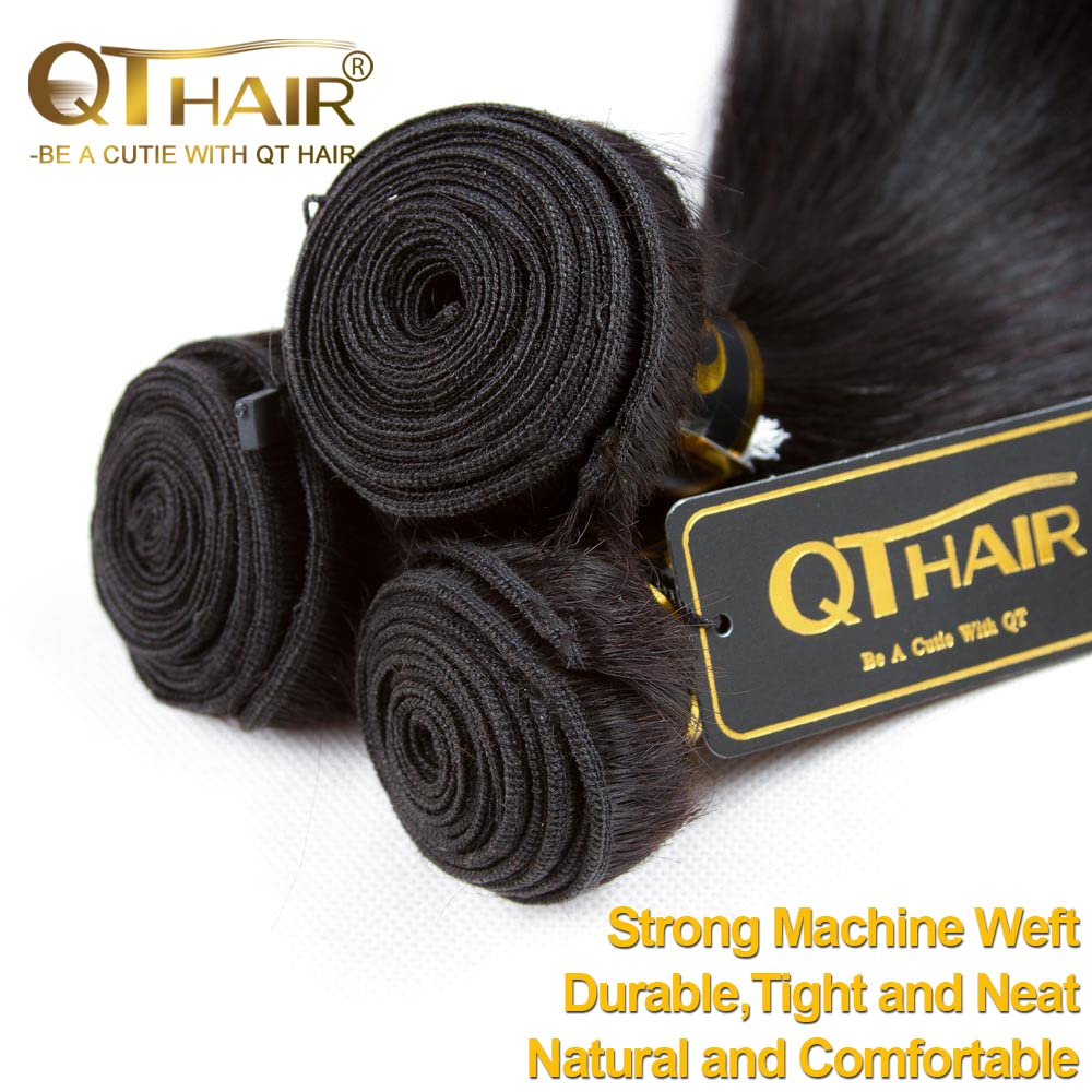 Qthair 14A Straight Human Hair Bundles(18 20 22,300G,Natural Black) 100% Unprocessed Human Hair Extensions Indian Straight Virgi