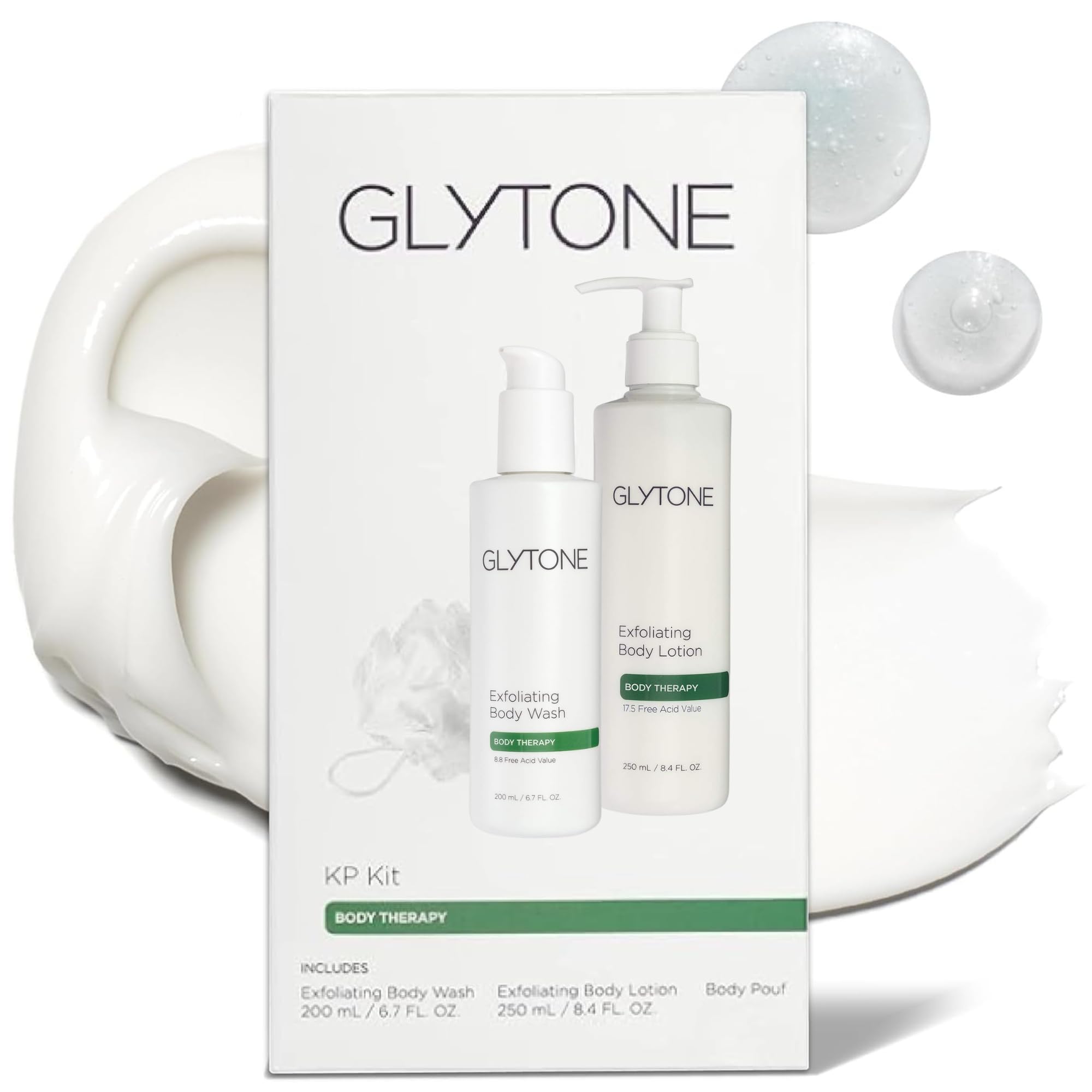 Glytone KP Kit - Exfoliating Body Wash, Glycolic Acid Lotion & Shower Pouf for Keratosis Pilaris - Smooth Rough Bumpy Skin, Frag