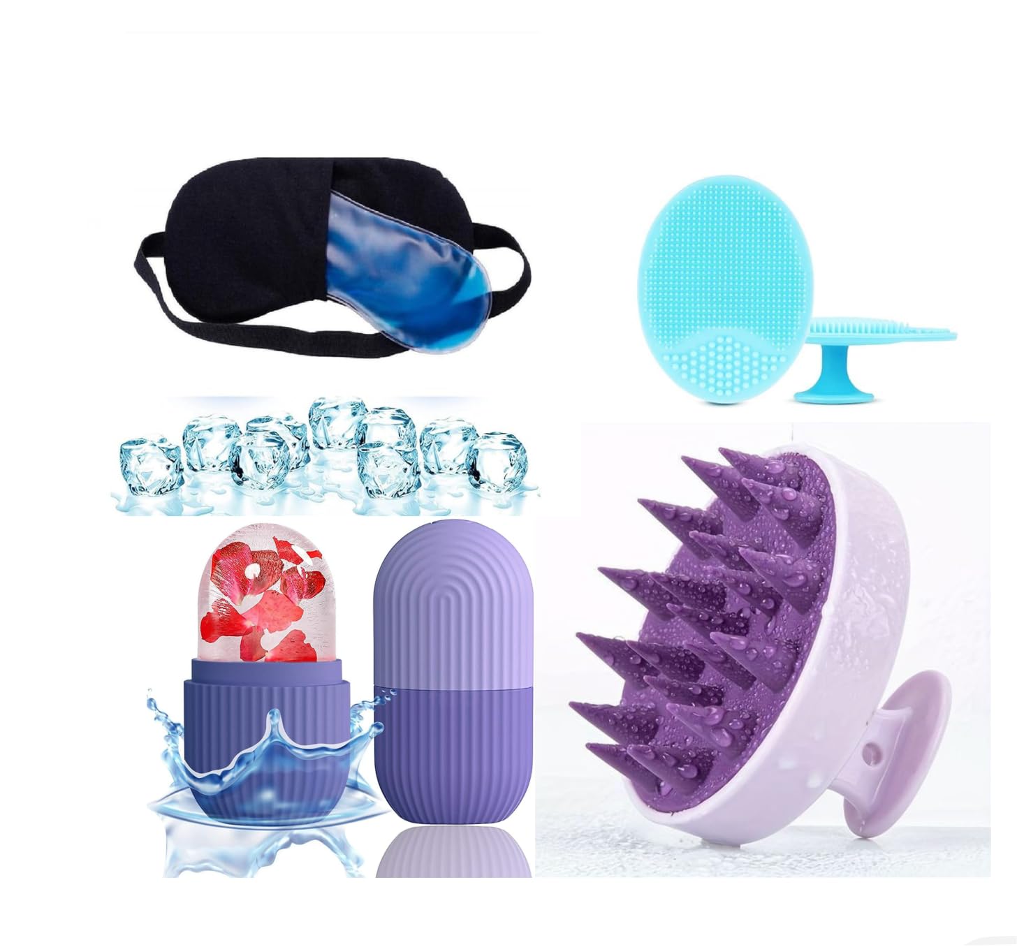 Eszazx Gel Eye Mask, Ice Roller, Silicone Face Scrubber & Purple Hair Scalp Massager | For Skin Glow, Blackhead Removal, Cooling