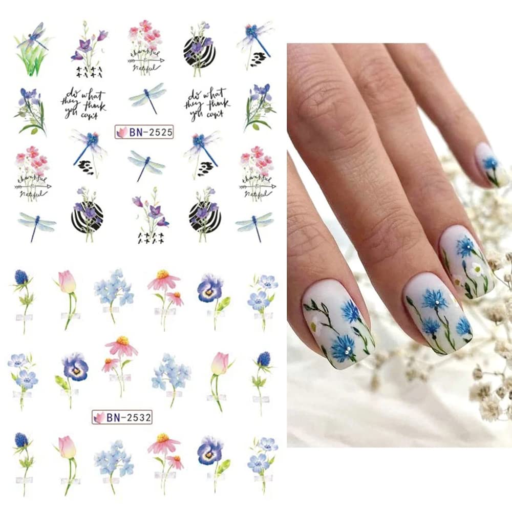 Flower Nail Art Stickers, Flower Nail Decals Water Transfer Nail Art Supplies Summer Lily Orchid Butterfly Small Floral Flowers