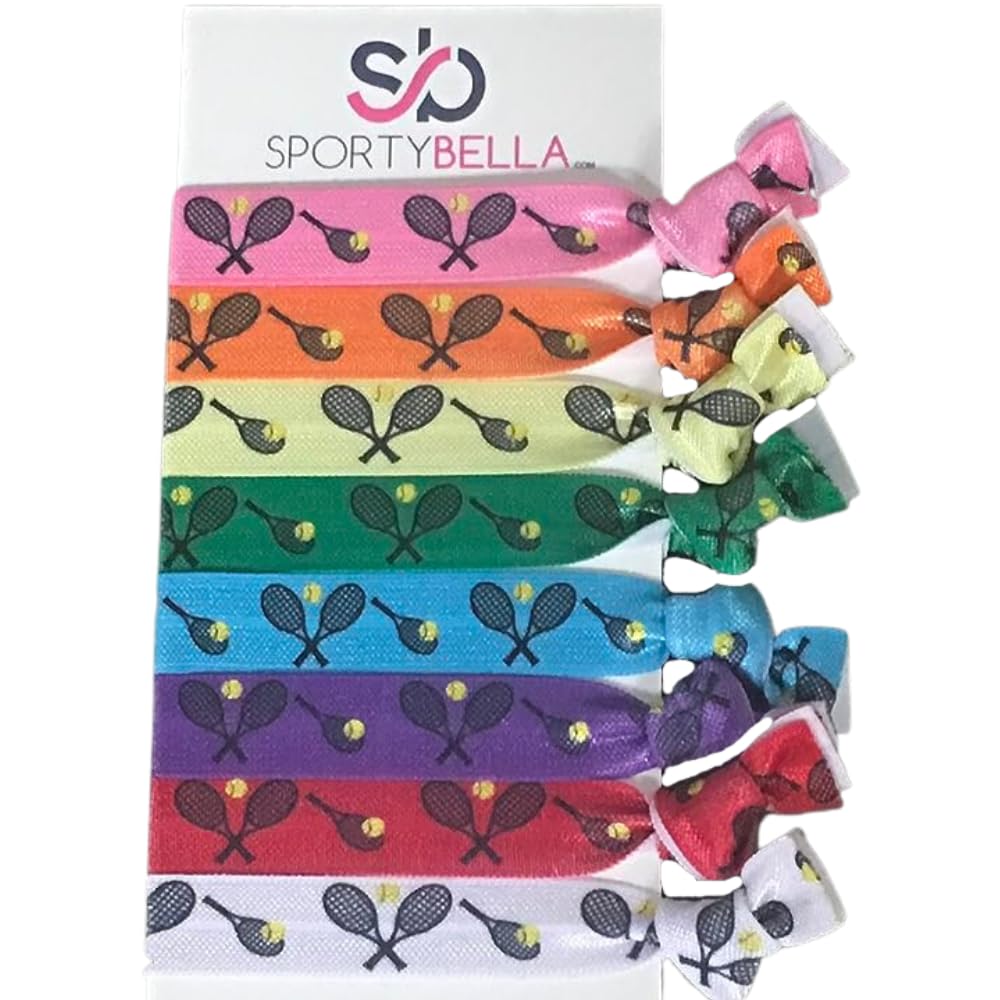 Multi-Colored Tennis Hair Ties for Girls, No Crease Elastics with Tennis Racket Design, Ponytail Ties for Tennis Players (8 pcs)