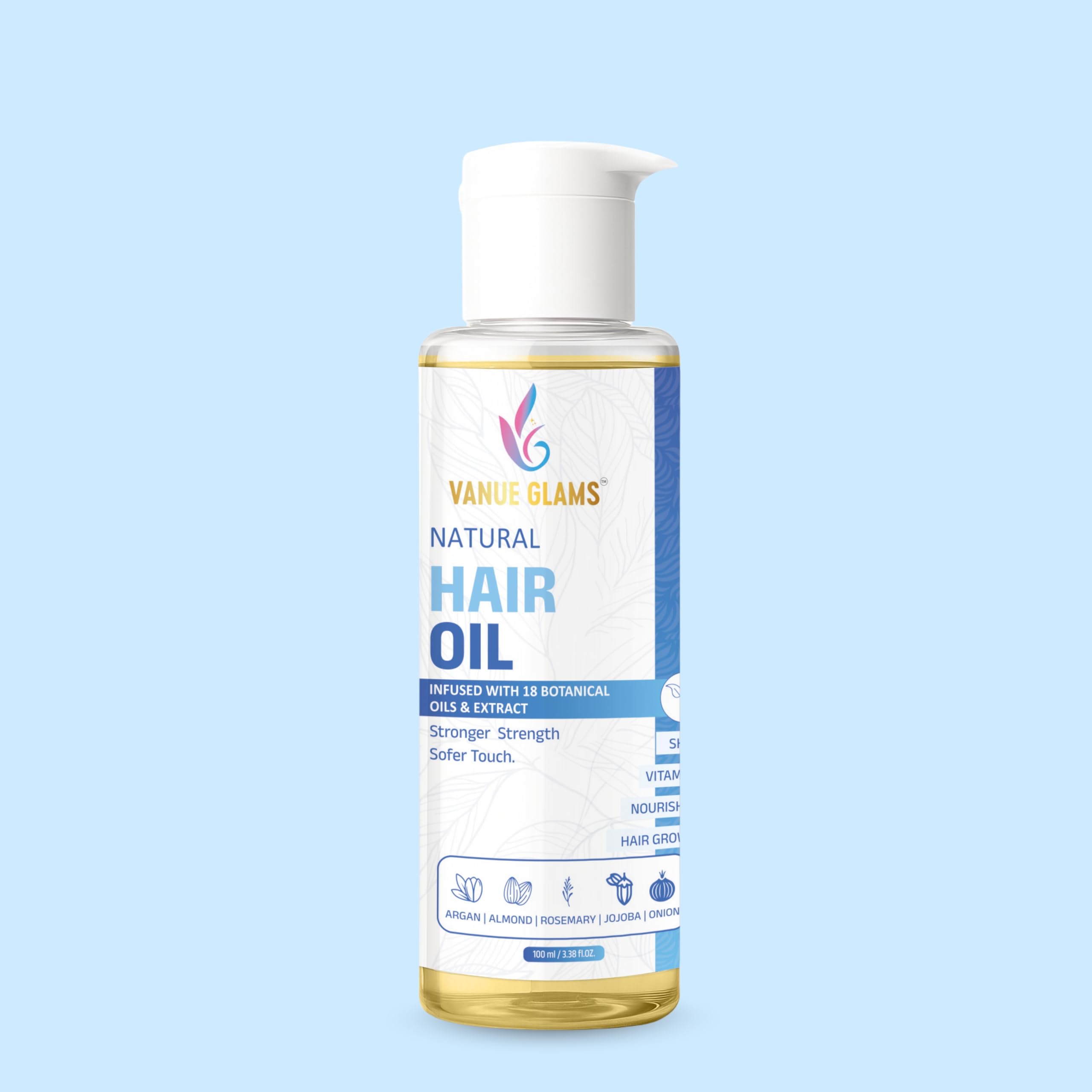 Vanue Glams Natural Hair Oil Infused With 18 Botanical Oils & Extracts Argan, Almond, Rosemary, Jojoba, Onion Nourishes, Strengt