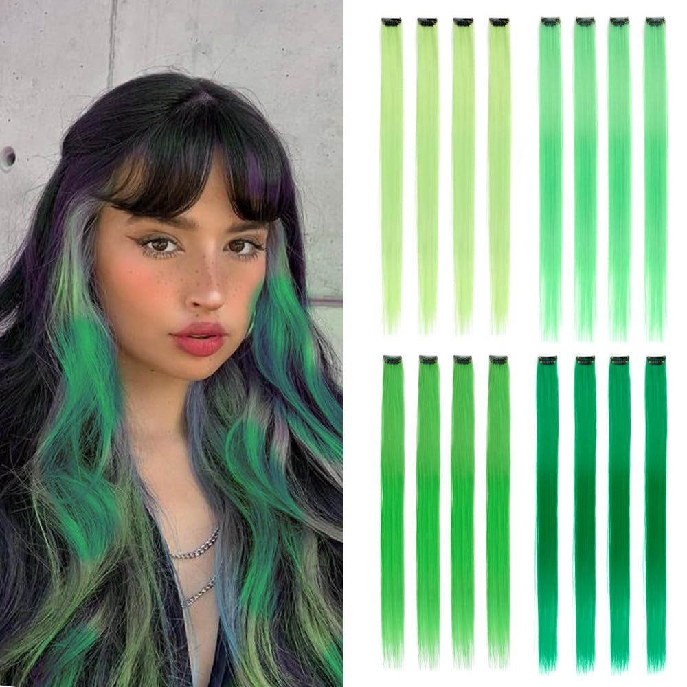 KGBFASS 16Pcs Green Colored Clip in Hair Extension Multi-colors Party Highlights Synthetic 20inch Halloween Cosplay Party Christ