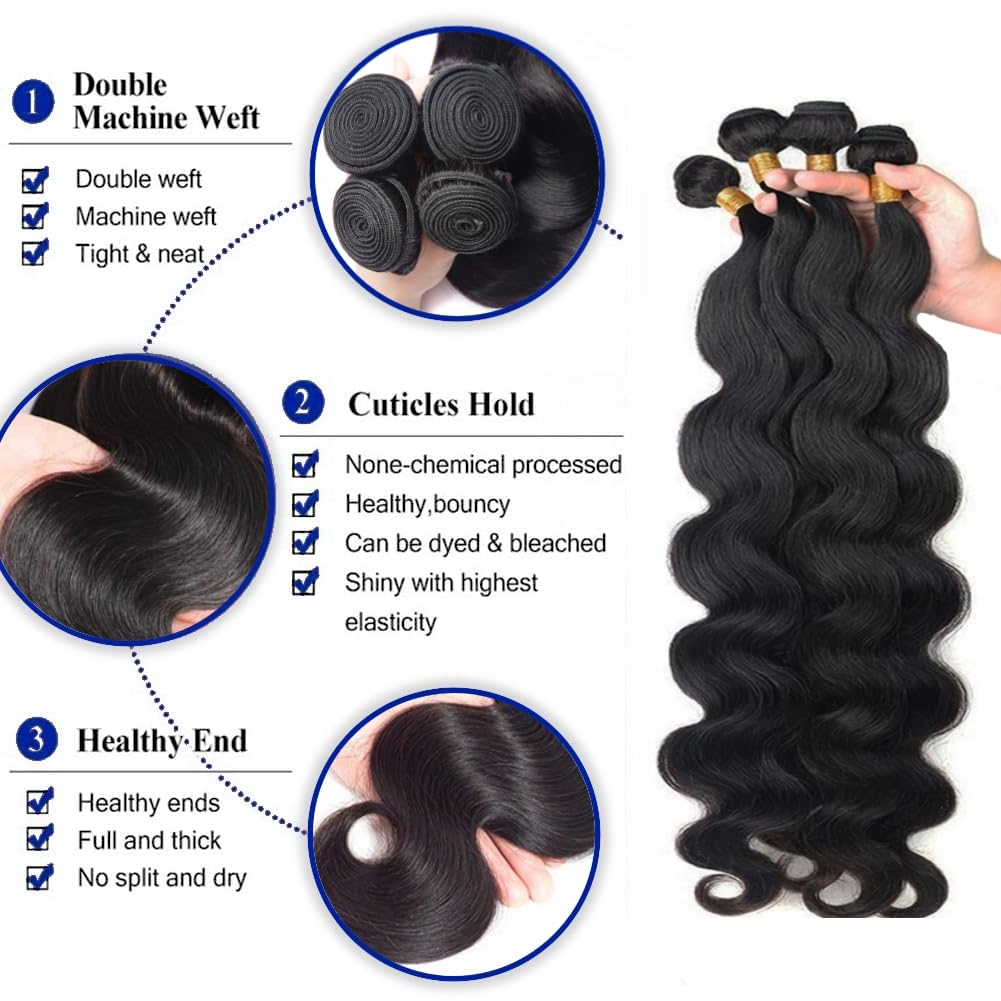 Body Wave Bundles Human Hair 12A Human Hair Bundles 4 Bundles 22 24 26 28 Inch Body Wave Hair Extensions Real Human Hair 100% Un