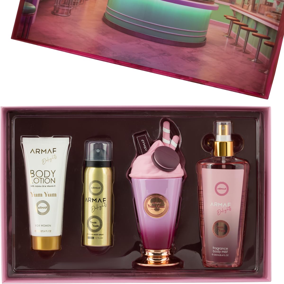 Armaf Yum Yum - Fruity, Floral, Vanilla - 4-Piece Gift Set for Women (3.4 oz Eau de Parfum + 3.4 oz Body Lotion + 1.7 oz Body Sp