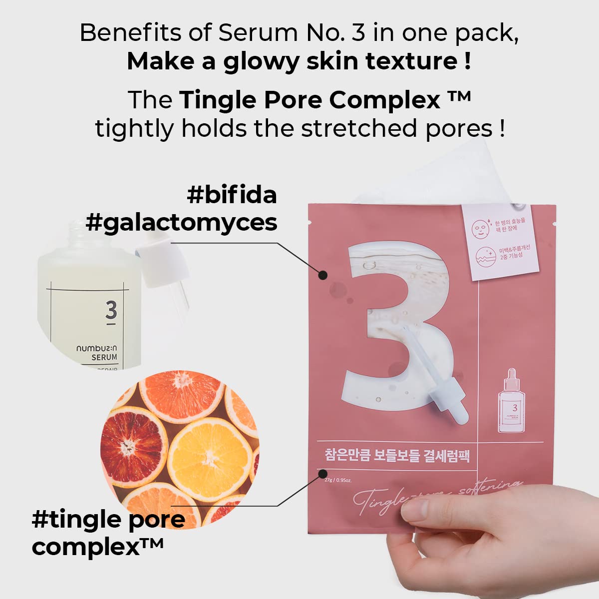 Numbuzin No.3 Tingle-Pore Softening Sheet Mask | Pore Minimizing, Skin Softening Face Mask With Bifida, Tingle Pore Complex | Hy