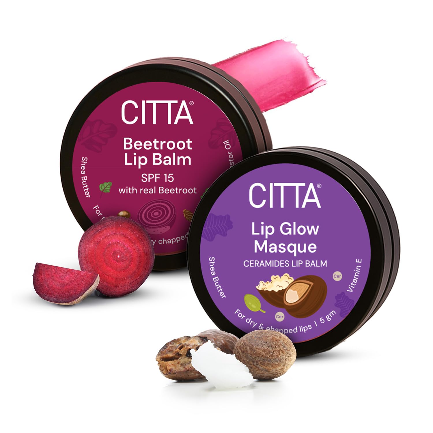 Citta Beetroot Lip Balm Spf 15 (Day) + Lip Glow Masque (Night) | With Ceramides, Beetroot & Shea Butter | Dual Care For Dry, Cha