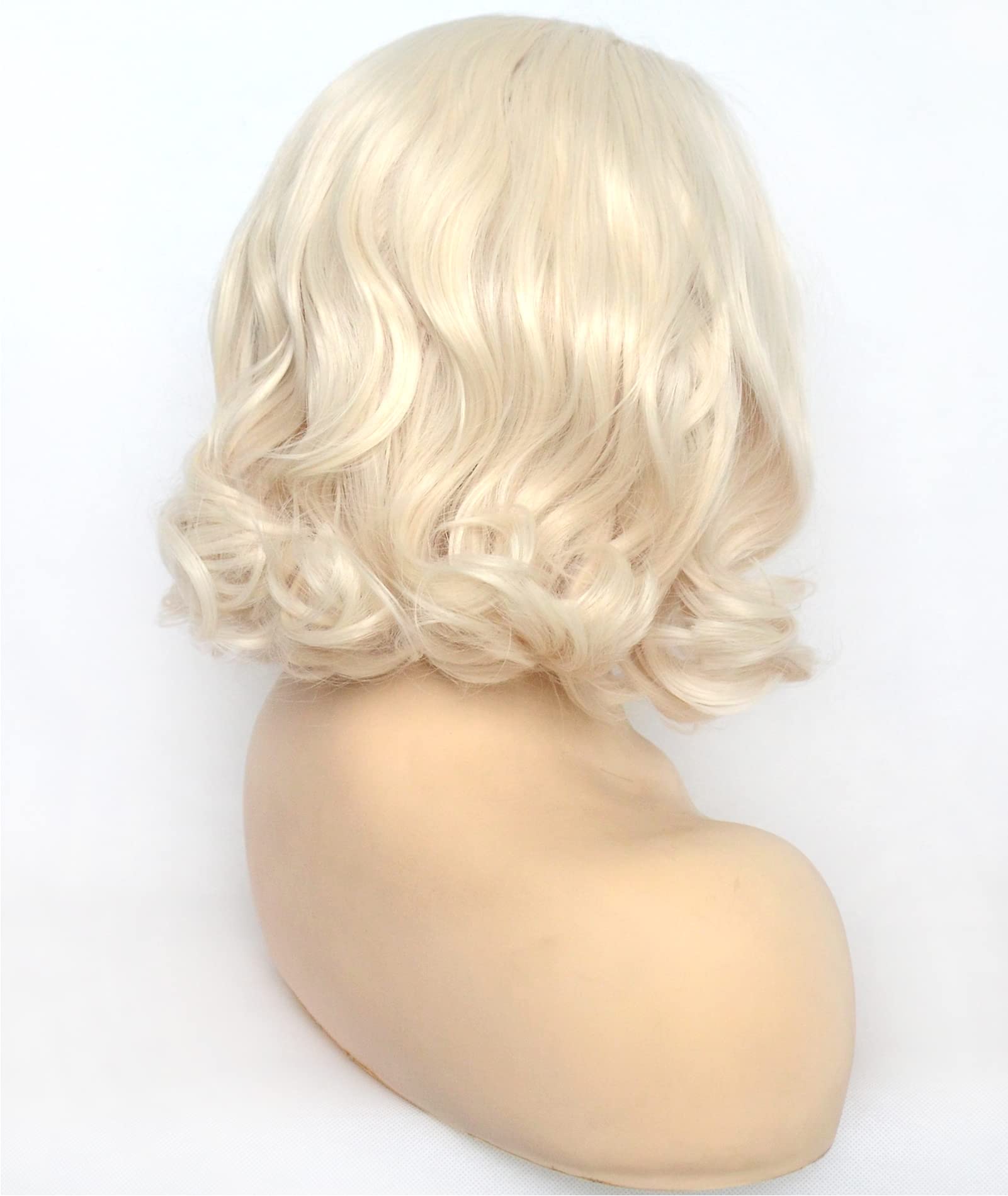 Bluple Platinum Blonde Lace Front Wig Short Bob Style White Blonde 60# Wavy Curly Synthetic Hair Side Part Half Hand Tied Replac