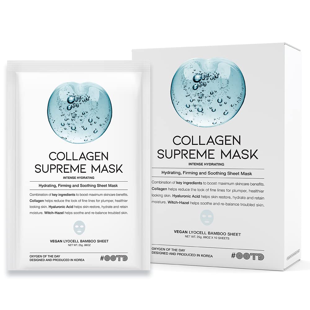 #Ootd Intense Hydrating Collagen Vegan Sheet Mask [10 Count] Supreme Korean Beauty Bamboo Lycocell Facial Masks With Collagen, H