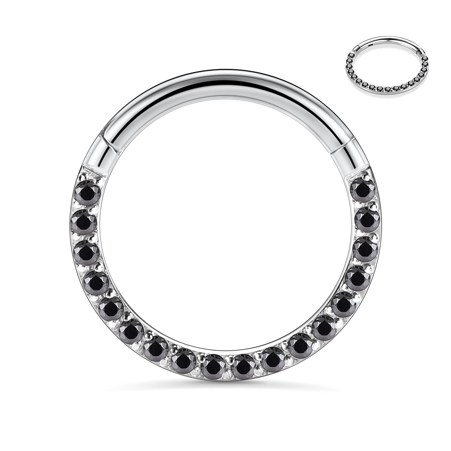 PEAKLINK 16G Septum Clicker Ring Black CZ Hinged Segment Seamless Clicker Ring Septum Jewelry Daith Piercing Surgical Steel Trag