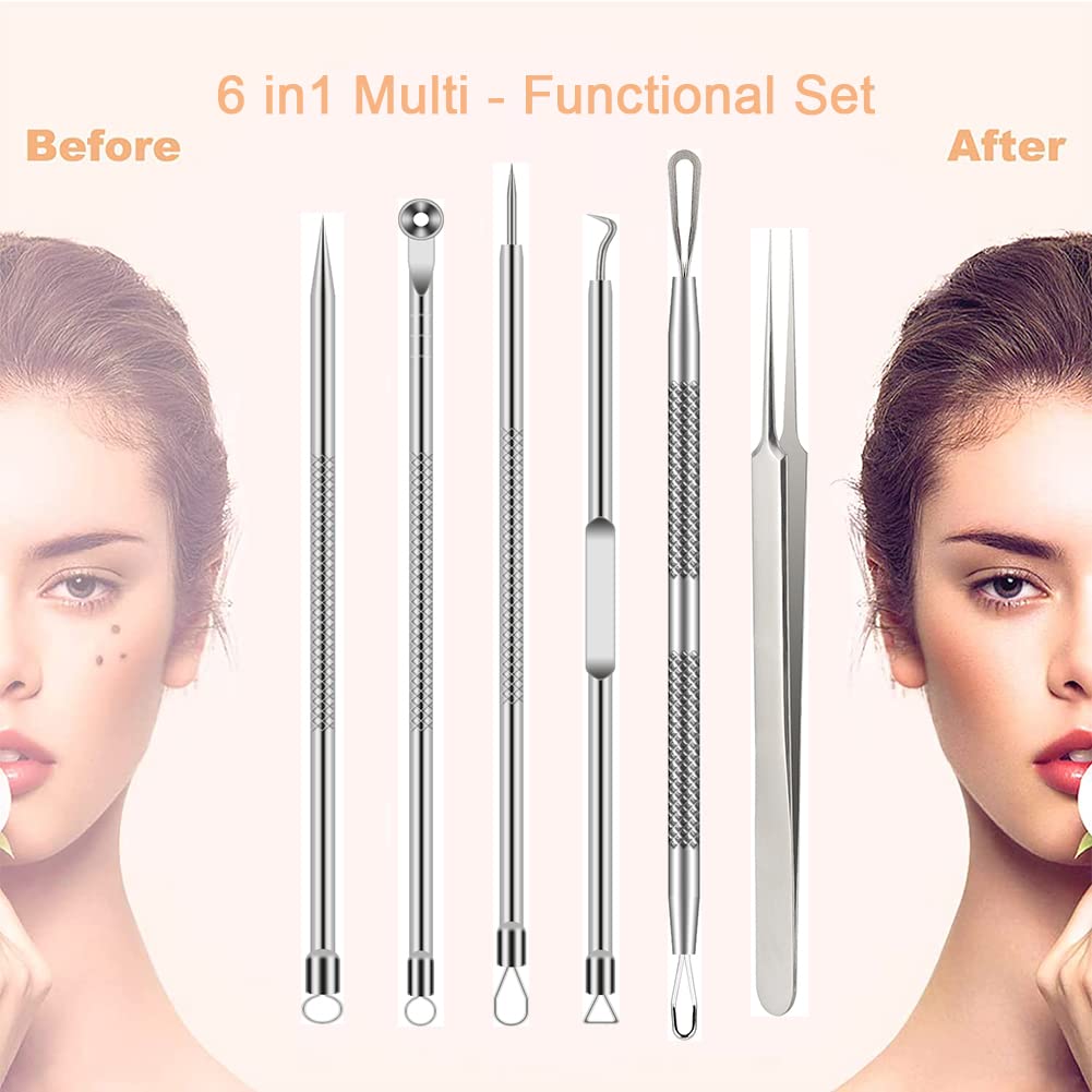 BLAAROOM Pimple Popper Tool Kit - 6 Pcs Stainless Steel Blackhead Remover Set - Silver Acne Treatment for Face and Nose