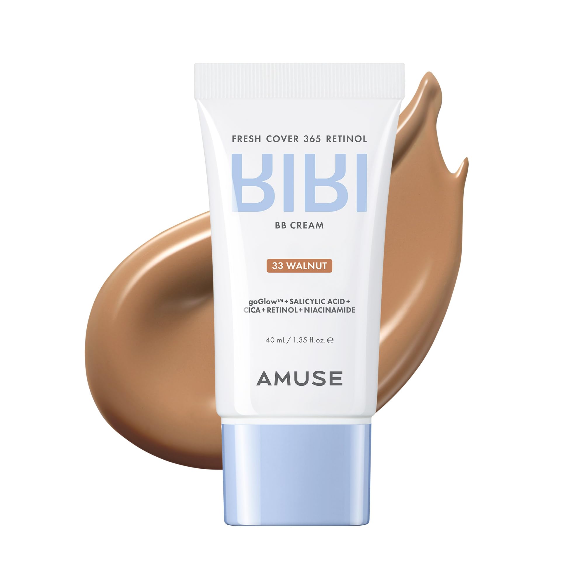 Amuse SEOUL 365 Retinol BB Cream (33 WALNUT)  Natural Tinted Moisturizer, Infused with Plantbased PDRN, Buildable, Glass Skin,