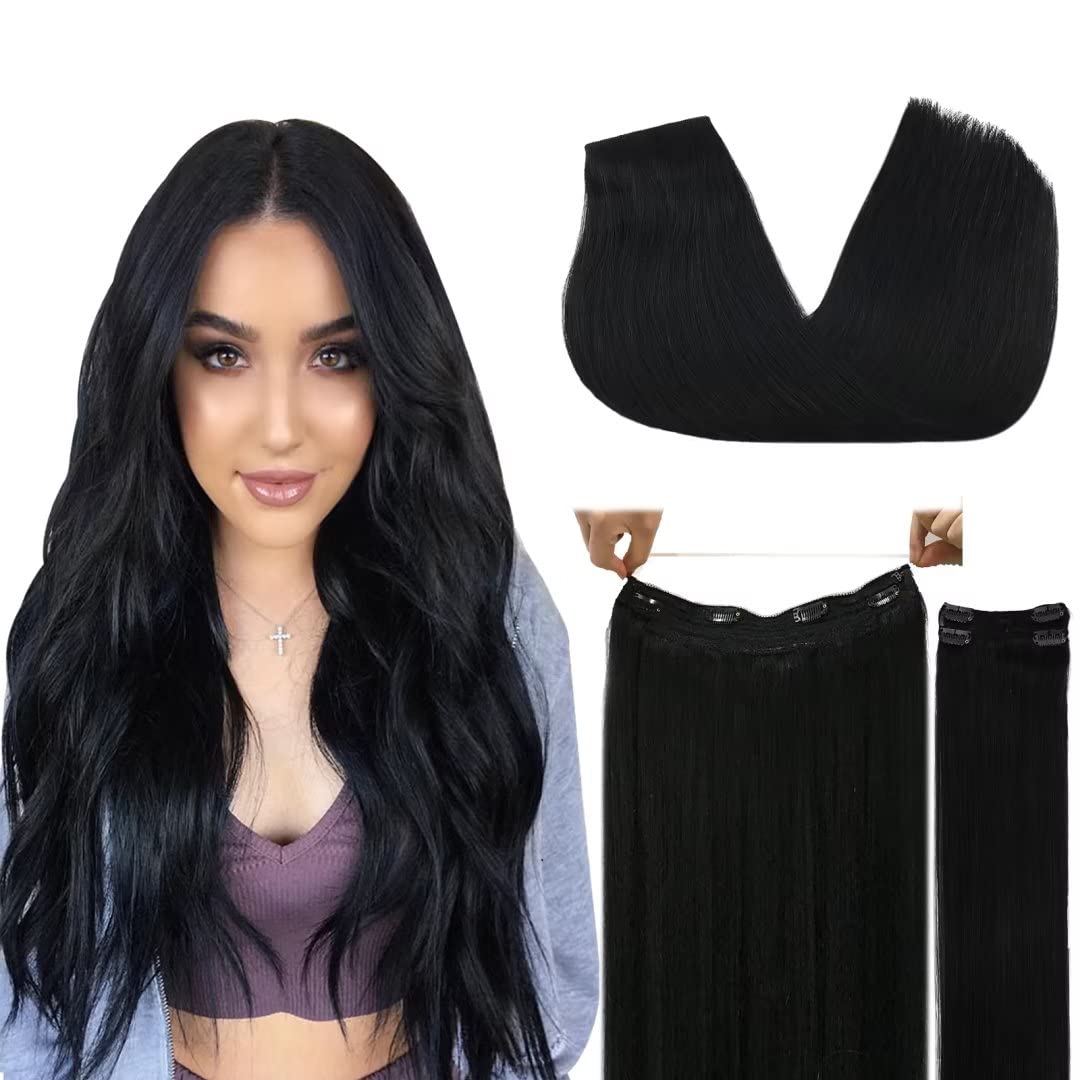 DOORES Wire Hair Extensions, 14 Inch 105g Wire Hair Extensions Jet Black, Real Hair Wire Hair Invisible Line Hair Extensions Str