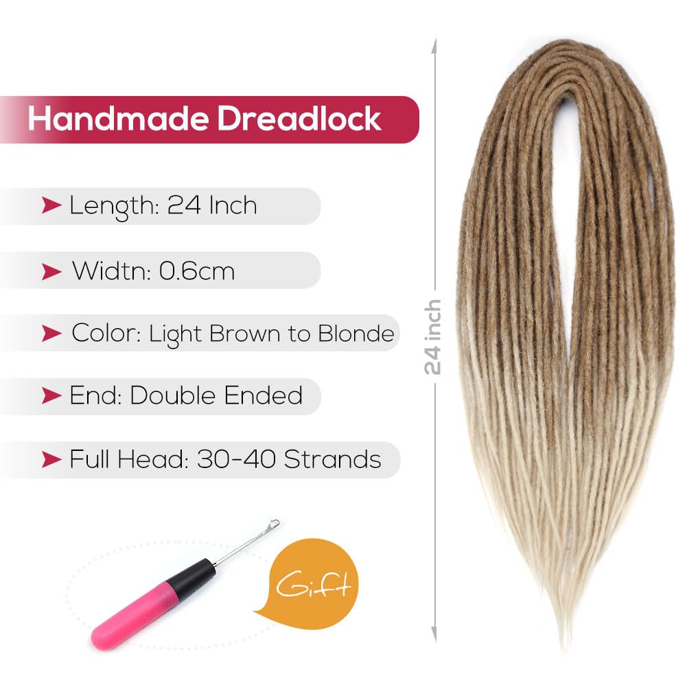 Kraler 24 Inch Double Ended Dreadlock Extensions, 20 Strands Light Brown to Blonde Synthetic DE Dreads Extensions, Thin 0.6cm Wi