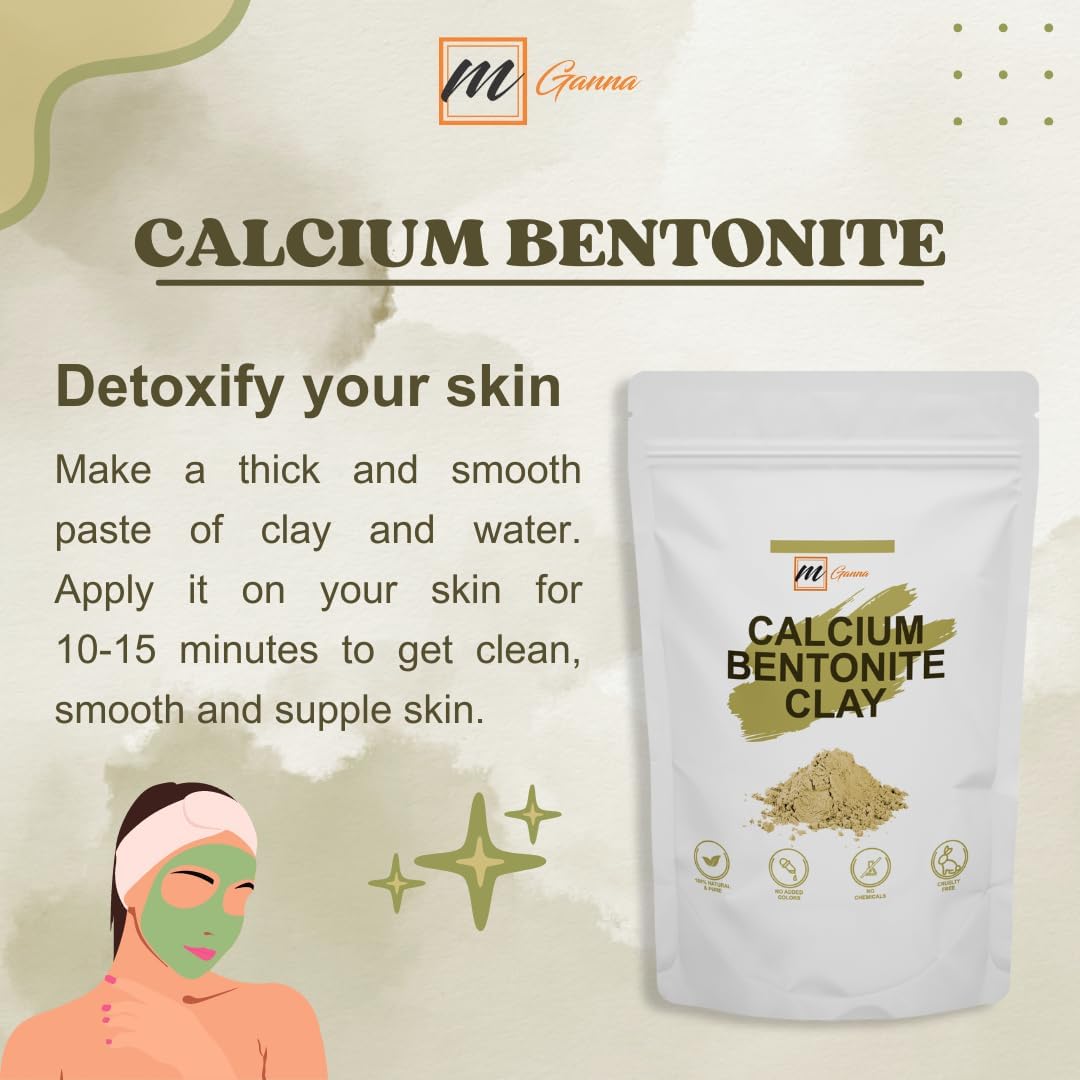 mGanna 100% Natural Calcium Bentonite Clay (Food Grade) for Body Detox, Facial Masks, Creams, Body Wraps, Skin Tightening, and S