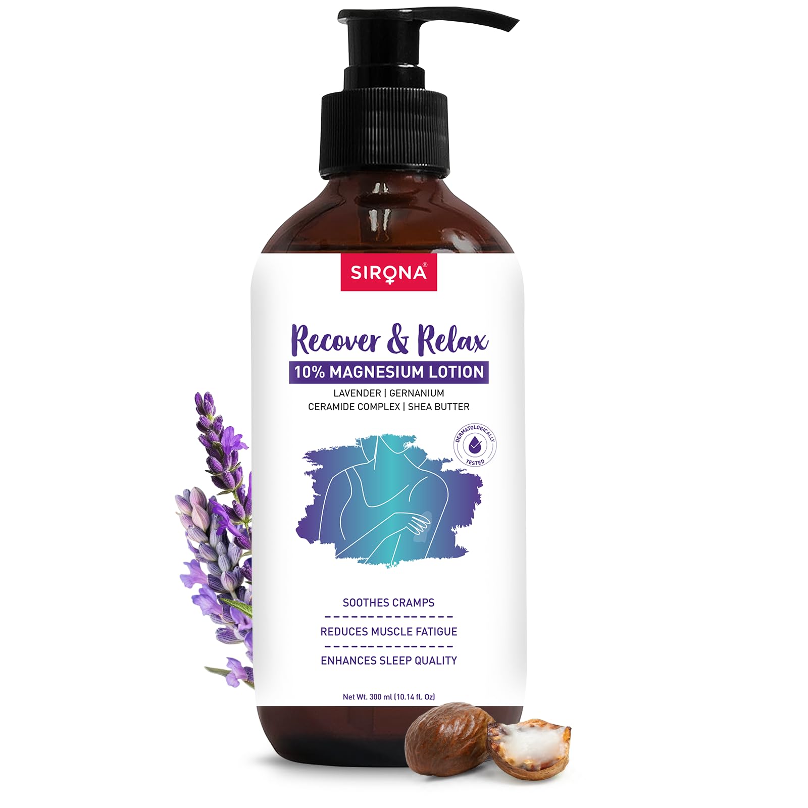 Sirona 10% Magnesium Body Lotion  300 Ml | For Muscle Relaxation, Cramps Relief & Better Sleep | Lavender & Geranium | With Cer
