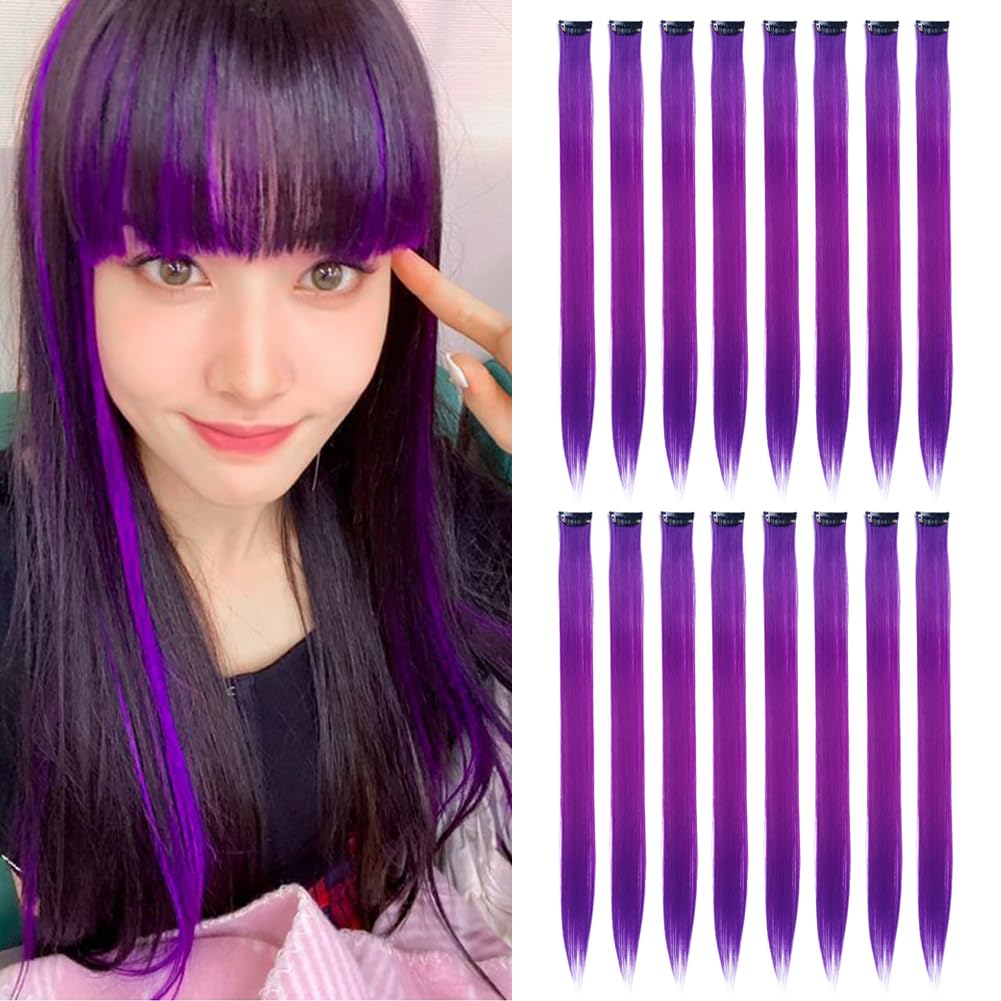 KGBFASS Purple Clip in on Colored Hair Extensions 20inch One Color Clip on Hairpieces Long Straight Halloween Cosplay Christmas 