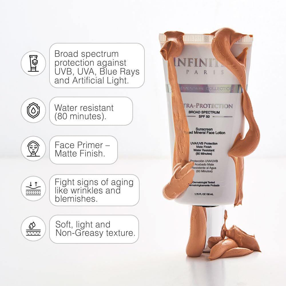 Infinitek Paris Skin Care Face Sunscreen Tinted Mineral Moisturizer Lotion Spf 50, 1.75Fl Oz - Uva/Ubv And Blue Light Protection