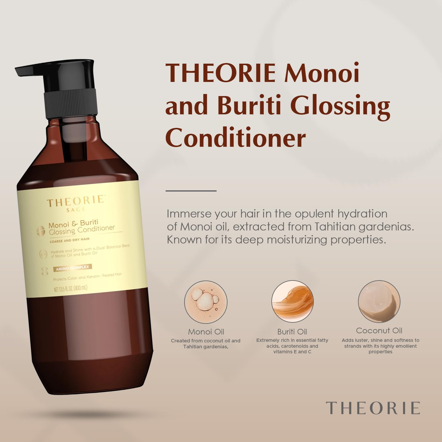 Theorie Monoi And Buriti Glossing Conditioner - Hydrate & Shine - Suited For Coarse And Dry Hair - Protects Color & Keratin Trea
