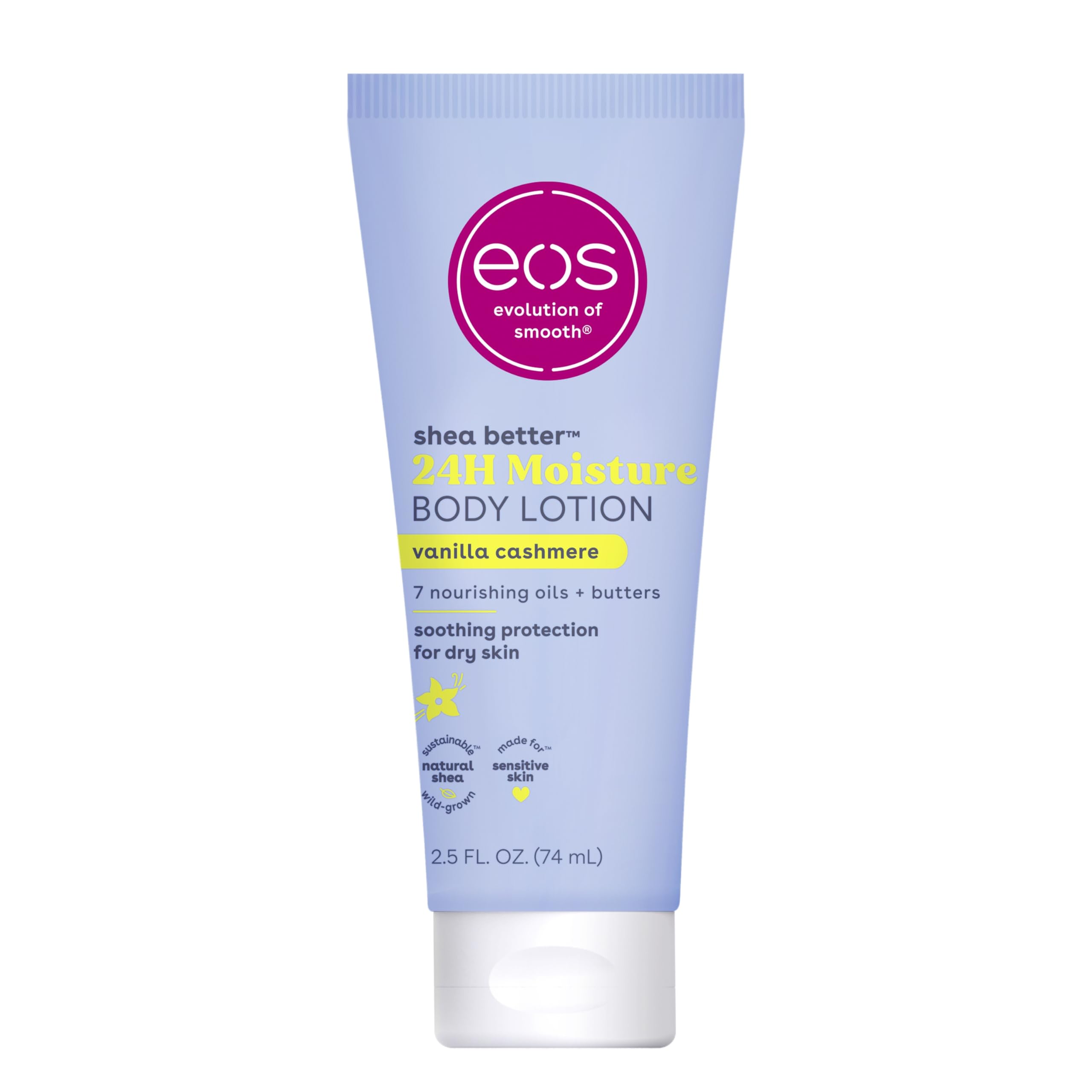 Eos 24H Moisture Travel Body Lotion- Vanilla Cashmere, Travel Size Essential, Toiletries, Mini Body Lotion, 2.5 Fl Oz