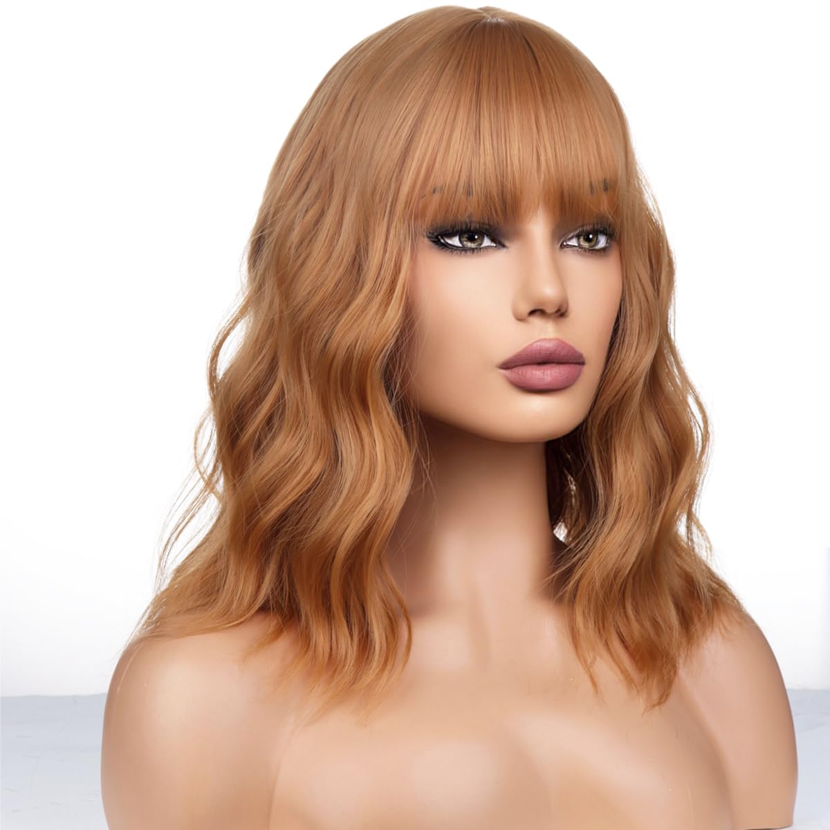 Wthcos Strawberry Blonde Wig Short Bob Wig Short Curly Wavy Wig With Bangs For Women Girls Blonde Wig Heat Resistant Synthetic H