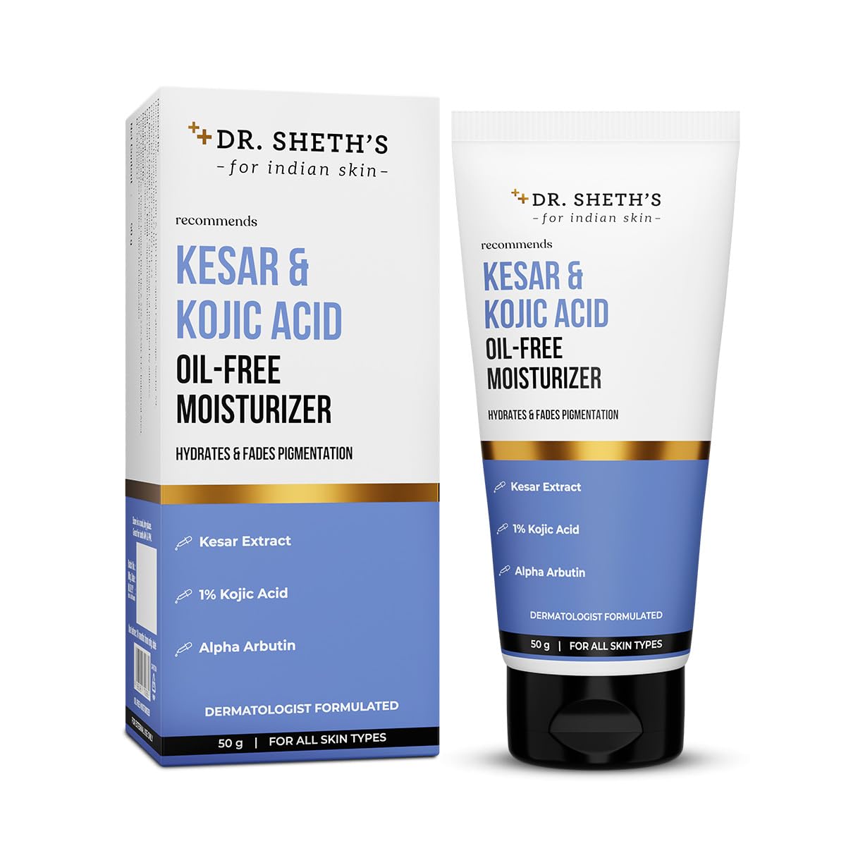 Dr. ShethS Kesar & Kojic Acid Oil-Free Moisturizer | For Pigmentation-Free & Glowing Skin | Kesar Extract, 1% Kojic Acid, Alpha