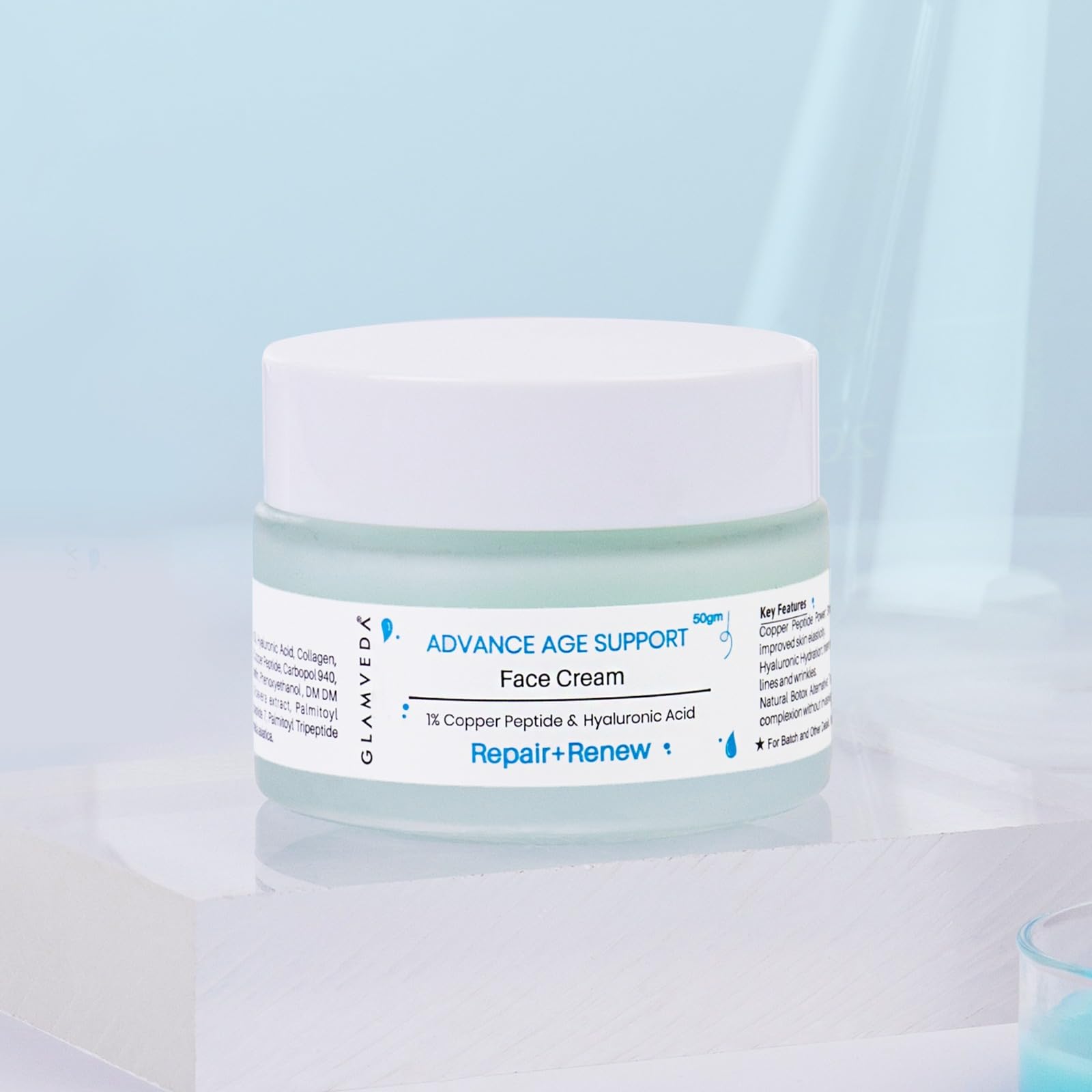Glamveda 1% Copper Peptide & Hyaluronic Acid Moisturizer Cream 50G | Reduces Fine Lines & Wrinkles Deep Moisturizing Face Cream