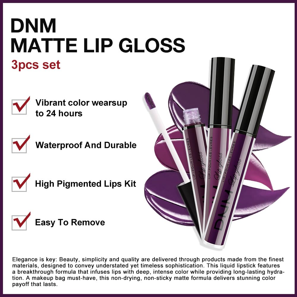 Evpct Dnm 3Pcs Dark Purple Mauve Plum Maroon Matte Liquid Lipstick Lip Stain Sets For Women Matte+Lipstick Long Lasting Permanen