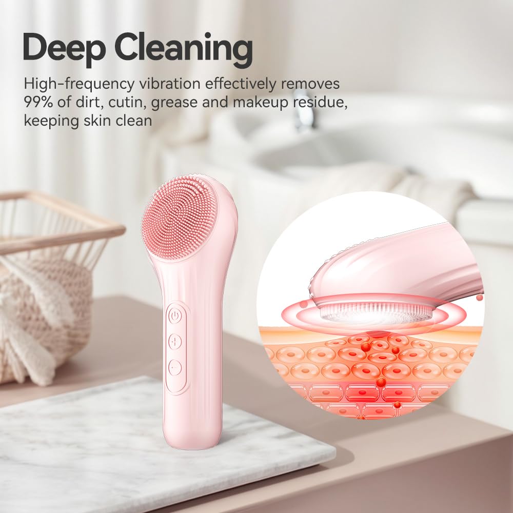 Silicone Face Scrubber, Facial Cleansing Brush With Heating And Vibration, Electric Waterproof Face Wash Brush With 5 Strength A