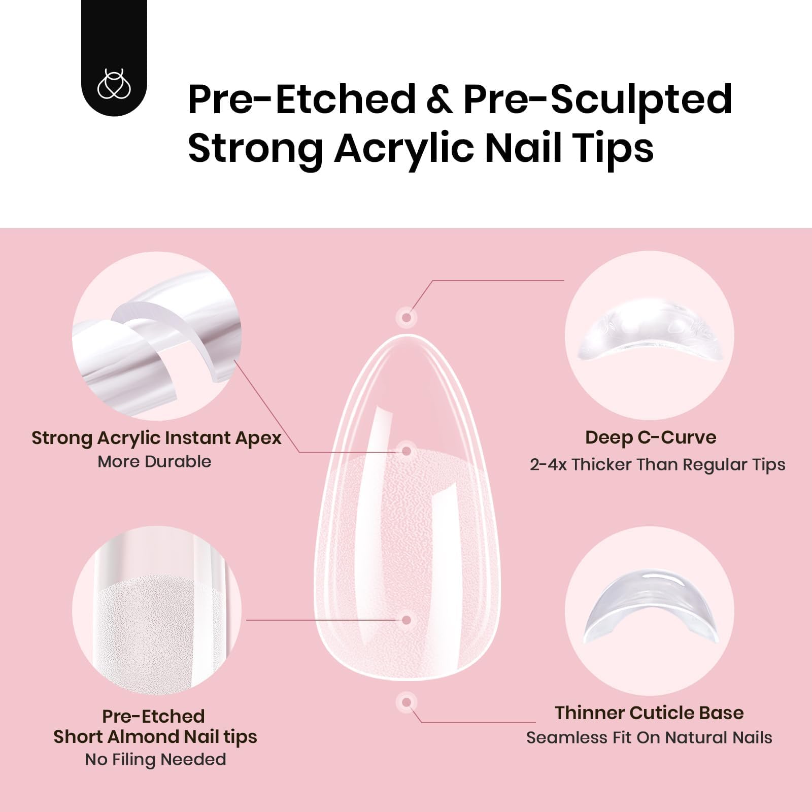 Beetles Tipex Instant Apex Nail Tips Almond Short-Pre-Building & Pre-Etched Strong Thick Acrylic,16 Sizes,192 Pieces