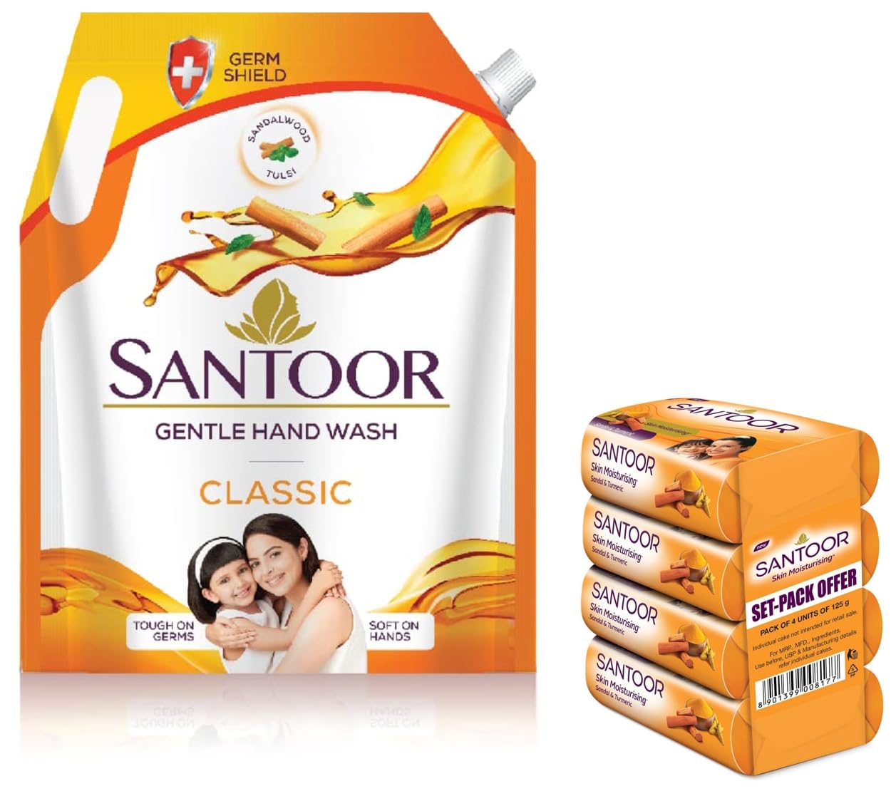 Santoor Sandal And Turmeric Soap (Pack Of 4 Soaps 125G Each) & Santoor Classic Handwash, 1500Ml