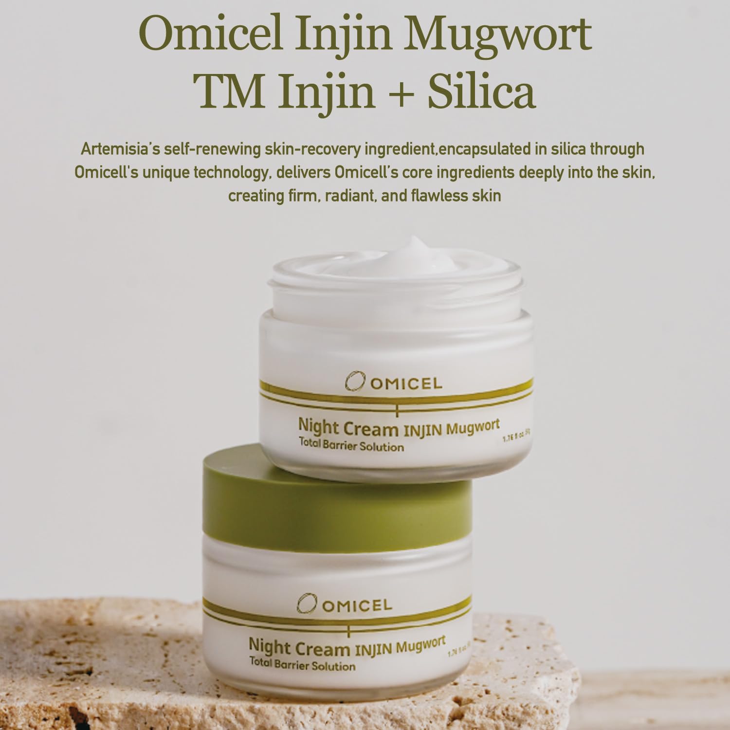 OMICEL INJIN Mugwort Night Cream 50ml (1 Count) - Silica-Supported Formula for Skin Elasticity and Turnover | Moisturizing Night