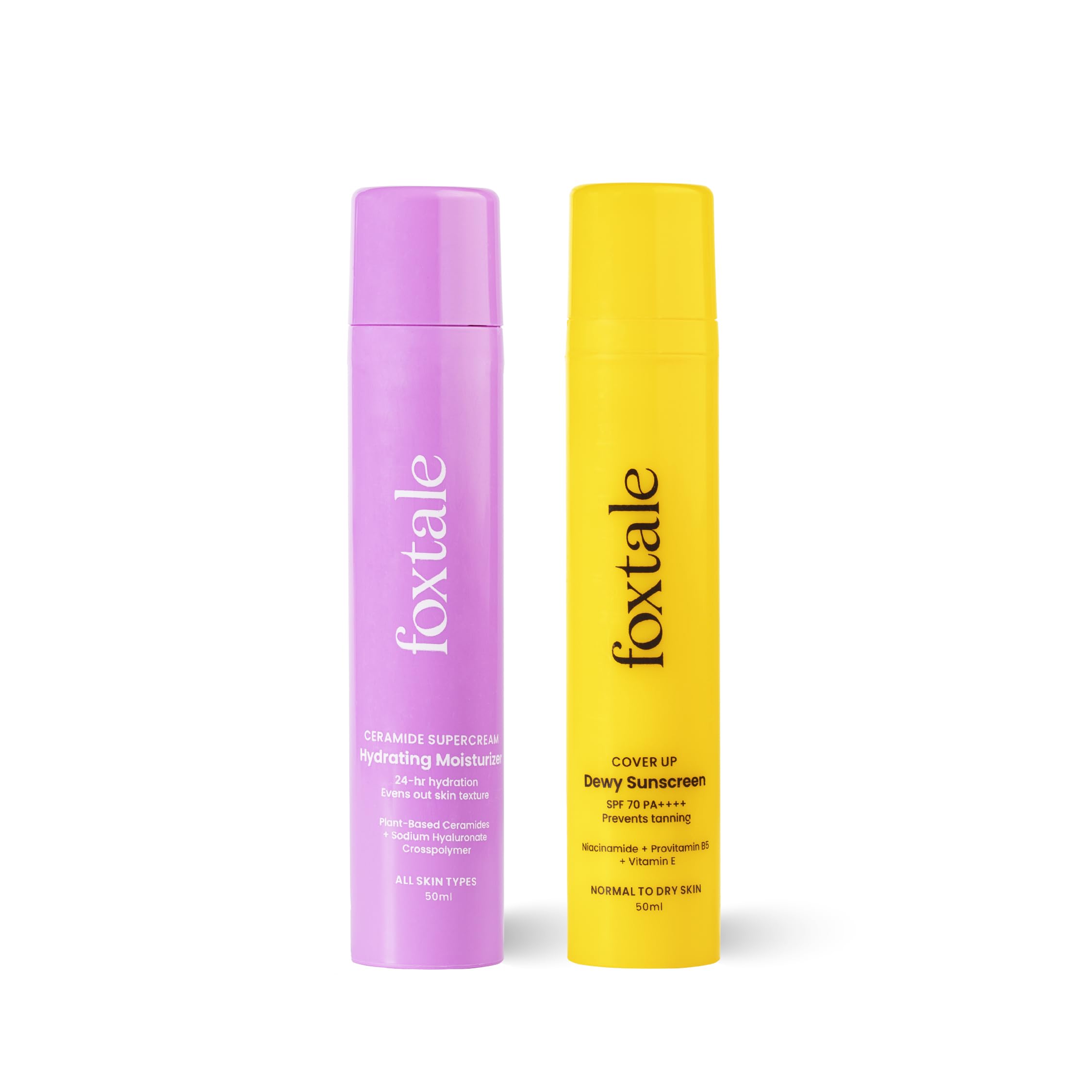 Foxtale Dewy Skin Duo | Ceramide Supercream Moisturizer - 50Ml + Dewy Finish 70 Spf Sunscreen For All Skin Types 50Ml | Suitable