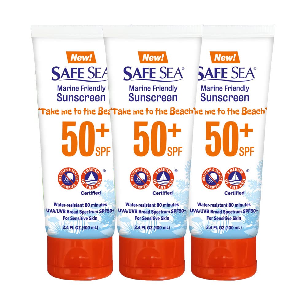 Safe Sea Anti-Jellyfish Sting Protective Lotion - Sunscreen - Sunblock - Sea Lice - Jelly Fish - 50SPF Adults (Tube 3.4 oz 3 pac