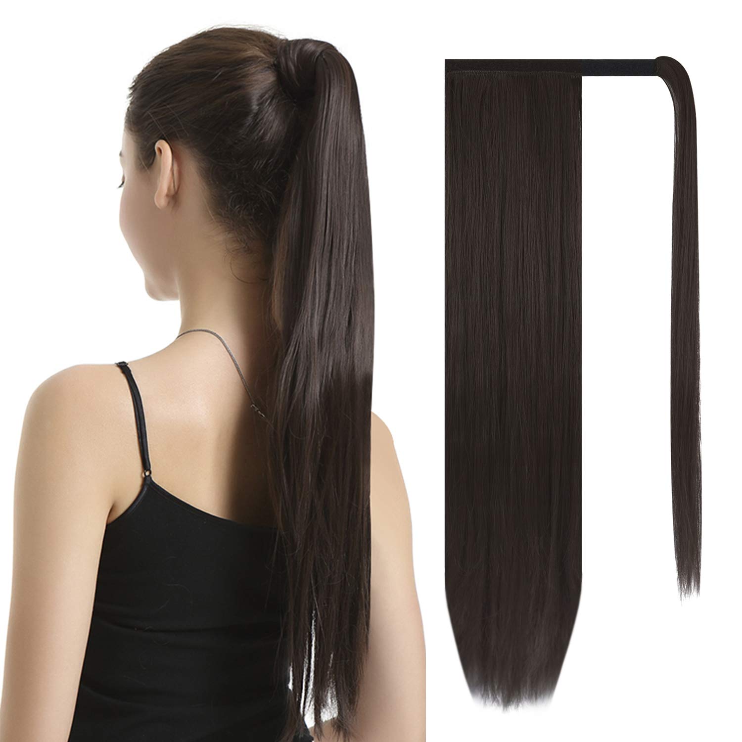 BARSDAR 24 inch Ponytail Extension Long Straight Wrap Around clip in Synthetic Fiber Hair for Women - Darkest Brown