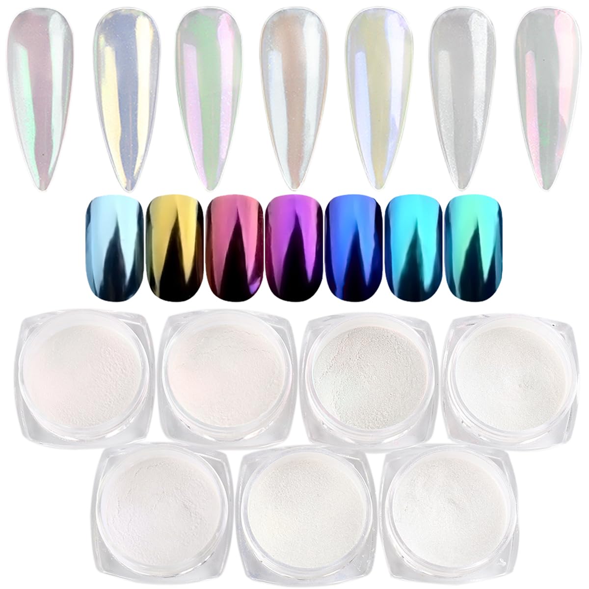 Pearl Chrome Nail Powder Set - 7 Colors Aurora Powder Mermaid Effect for Nails Iridescent Nail Glitter Shimmer White Rubbing Dus