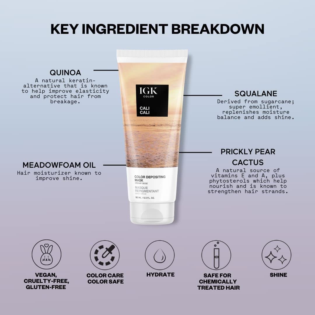 Igk Color Depositing Mask Cali Cali - Creamy Beige | Conditioning + Hydrate + Shine | Vegan + Cruelty Free | 6 Oz