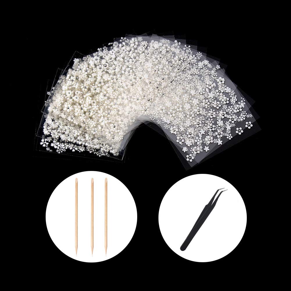 WOKOTO 30pcs White Adhesive 3d Nail Stickers Flower Nail Art Decoration Accessory With 1 Pcs Anti-Static Tweezers And 5 Pcs Wood