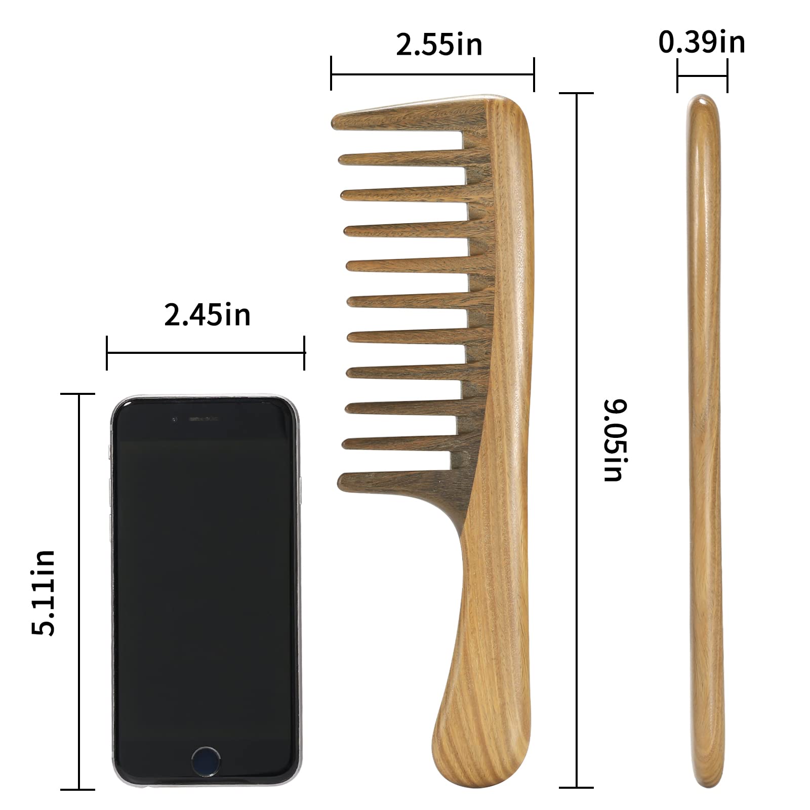 BESTOOL Wide Tooth Comb, Extra Large Natural Sandalwood Wide Tooth Comb Detangler for Curly Long Thick Wet or Dry Hair Anti-stat