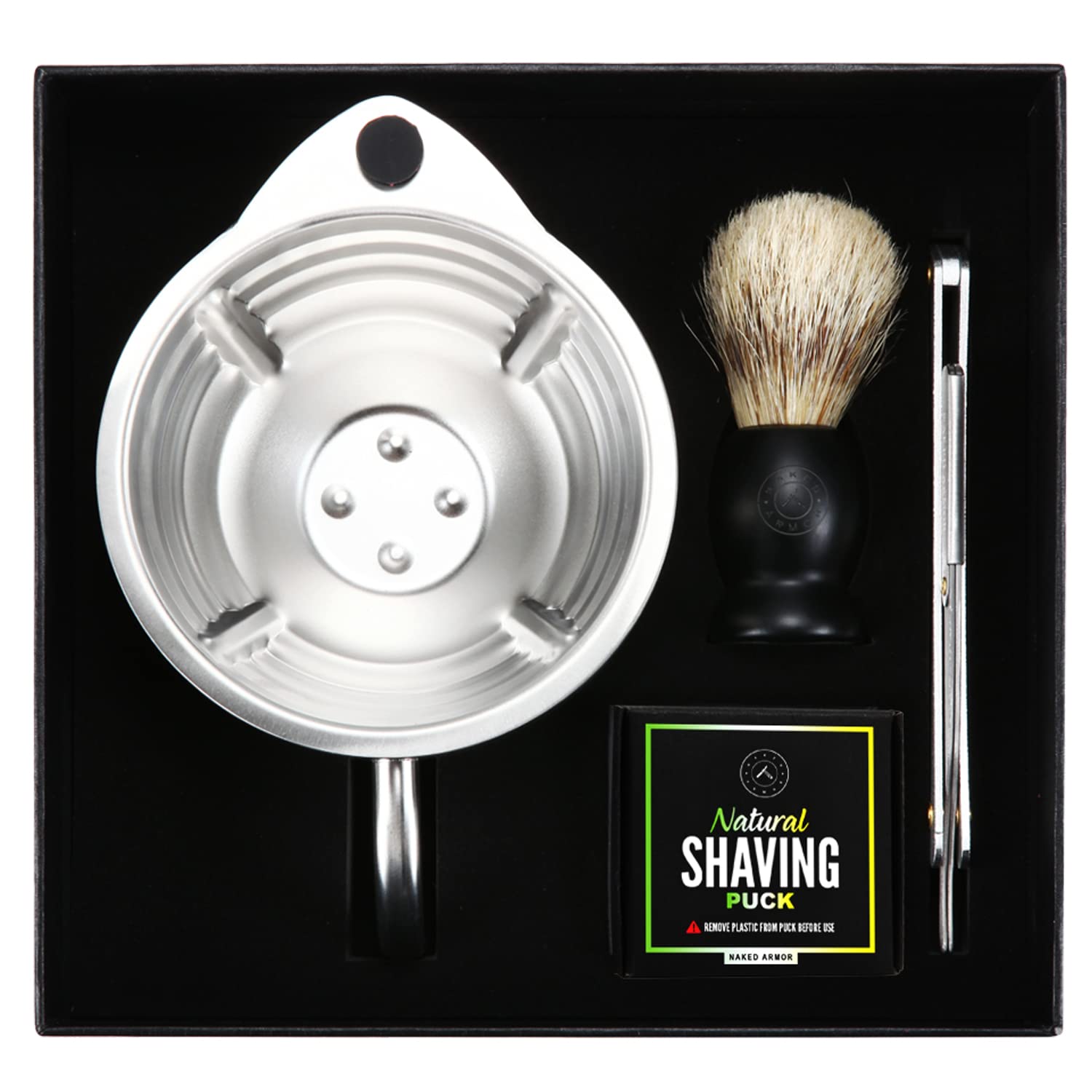 Silver Fox Shaving Scuttle Mug Kit - Shaving Bowl With Shavette, Shave Soap, Shave Brush, Stainless Steel Scuttle Shaving Mug, K
