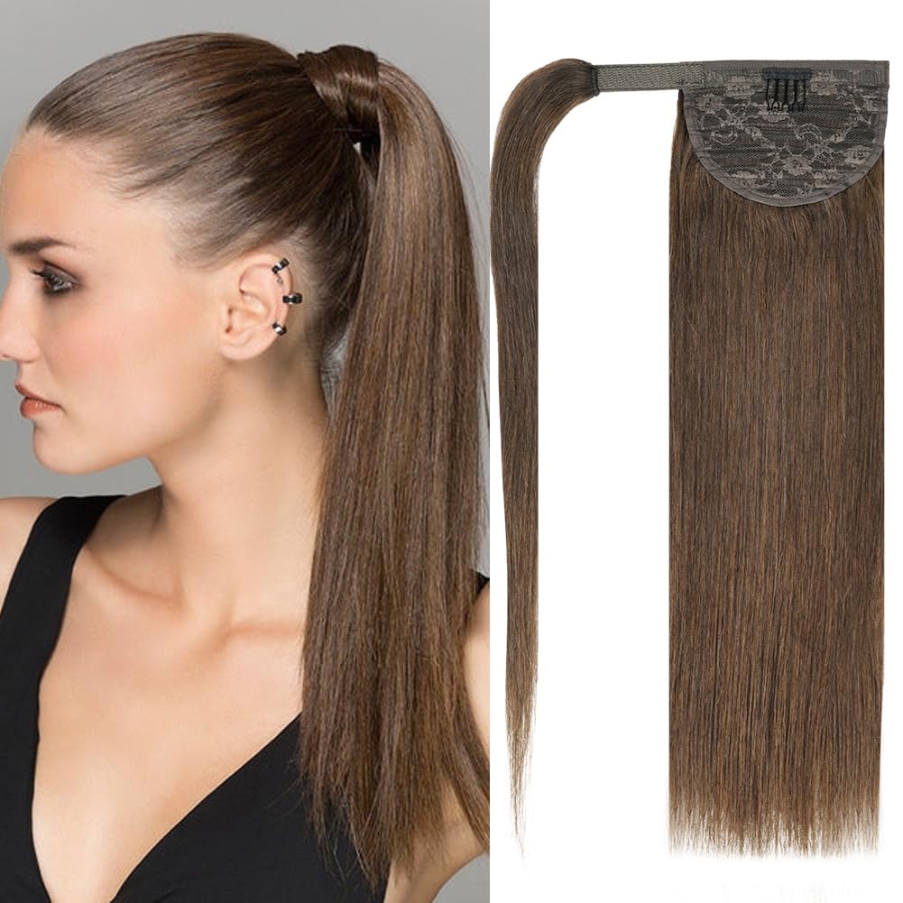 18'' Human Hair Ponytail Extension 85g #4 Chocolate Brown 100% Remy Human Hair Wrap Around Long Ponytail Clip in Hair Extensions