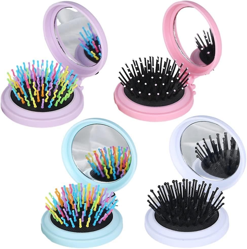Ghelonadi Folding Travel Mirror Hair Brushes 2 In 1 Women Girls Round Hair Comb Portable Travel Size Pop Up Pocket Brush Multico